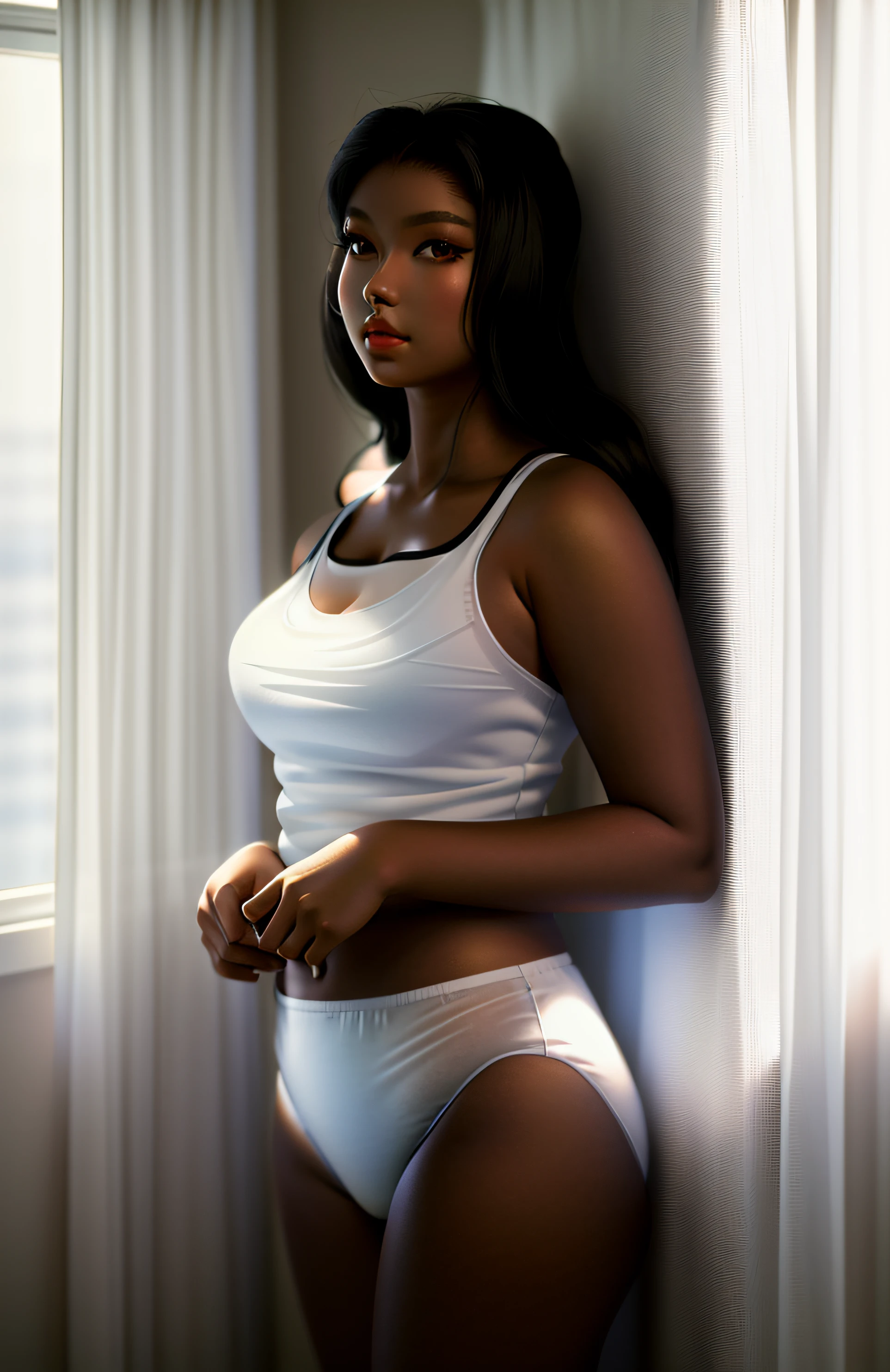 ((masterpiece, best quality)), Curvy Blasian woman with long black hair, (( in white tank-top and white panties)), (brown eyes), standing in bedroom, looking off camera, anime art style, intricate details