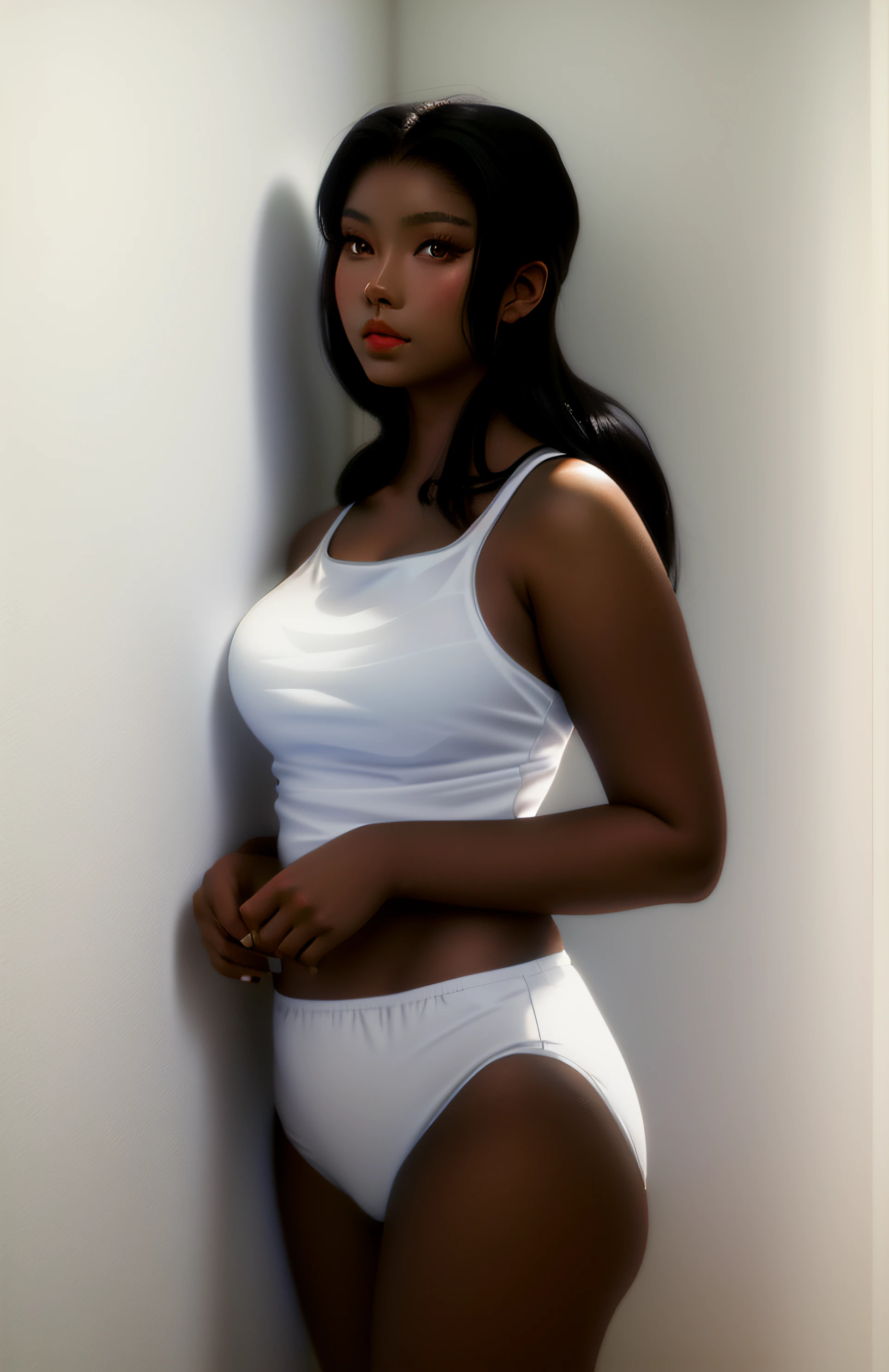 ((masterpiece, best quality)), Curvy Blasian woman with long black hair, (( in white tank-top and white panties)), (brown eyes), standing in bedroom, looking off camera, anime art style, intricate details