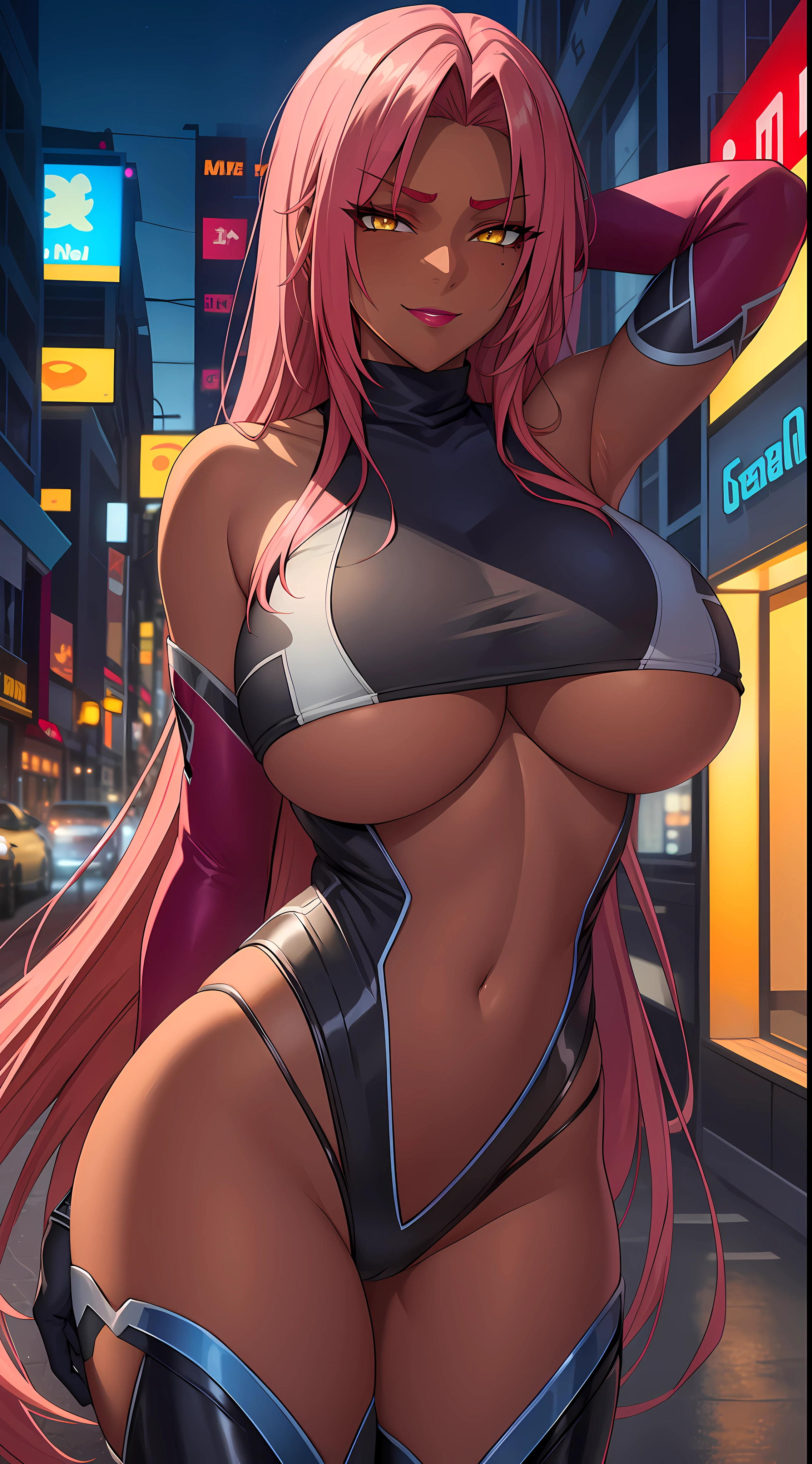 (highres, high quality:1.2), intricate details, cinematic lighting, sharp focus, depth of field,
Ingrid, 1girl, mature female, (dark-skinned female:1.1), dark skin, standing, arms behind head, cowboy shot, looking at viewer, cityscape, night, city light,
determined, smirking,
[pink|red] hair, very long hair, hair intakes, makeup, lipstick, (mole under mouth:0.8), eyelashes, yellow eyes, detailed face,
helloutfit, (turtleneck:1.1), (underboob:1.1), black elbow gloves, (coattails:1.1), revealing clothes, center opening, highleg panties, thigh boots, (multicolored clothes:1.1)
midriff, large breasts, areola slip, (nipple slip:0.8),