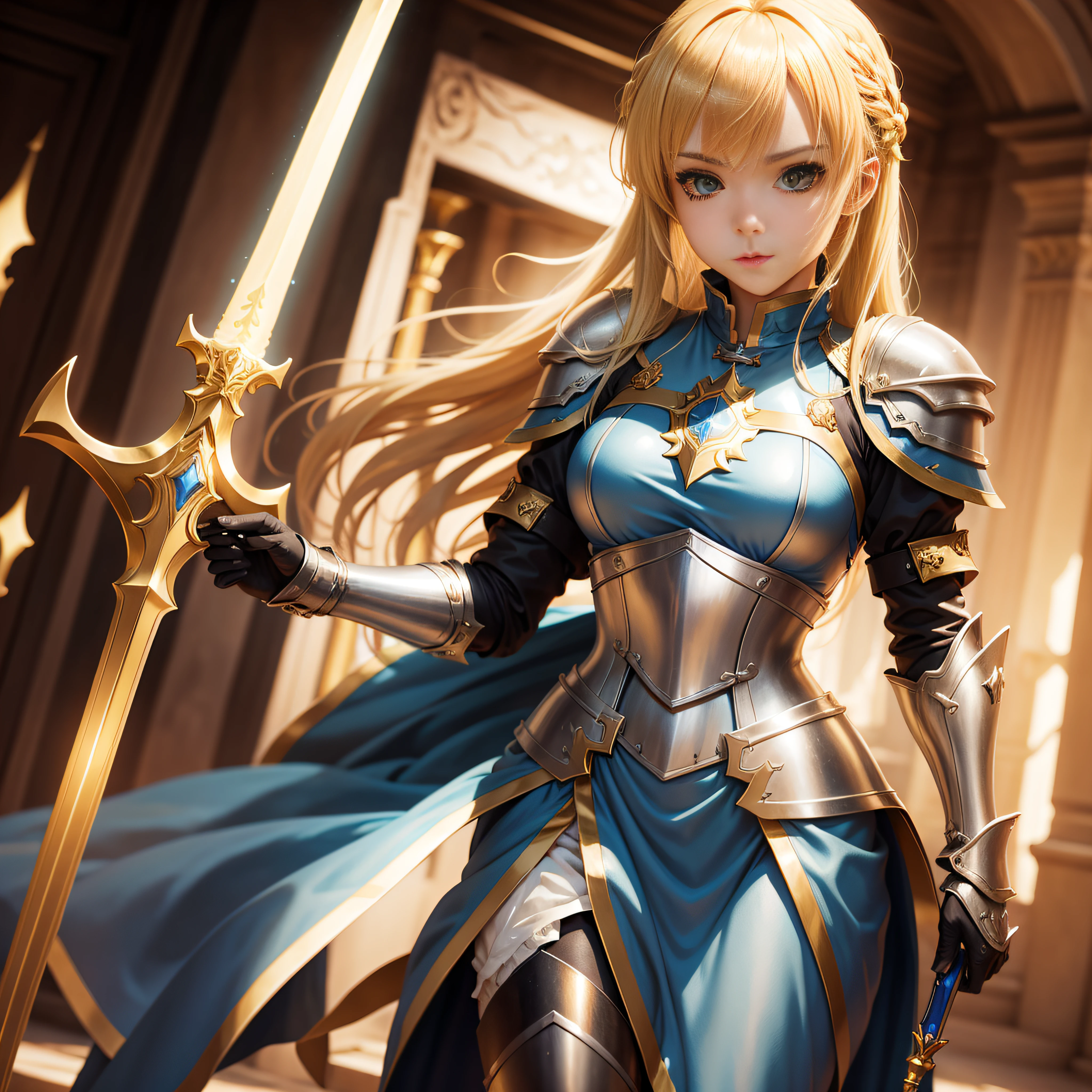sword art online,Alice,Daughter of God,golden armour,Bright blonde hair,Blue by Capelet,Holding a golden sword。