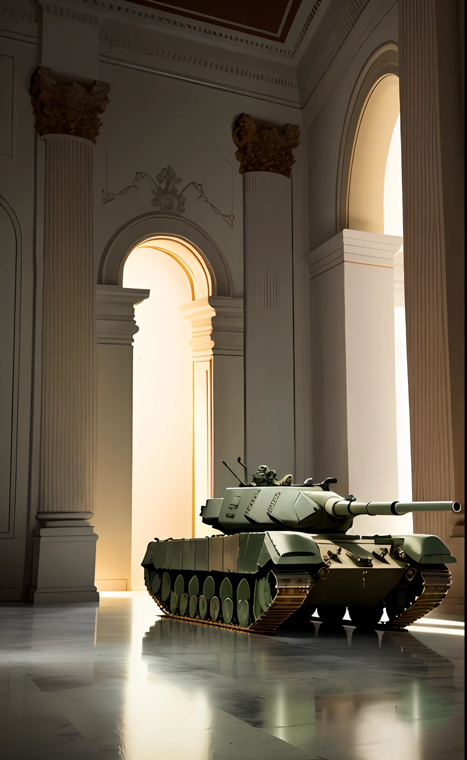 Interior of a Palace with marble floor with tank on the grounds, marble aesthetic, ((green colored M1 Abrams Tank on the floor)), Large tank on marble floor, white marble, shiny floor, marble floors, red padded, Greek Roman Columns, royal aesthetic, Golden details, Gold ((masterpiece)), color photograph, (sharp focus:1.2), tank on grounds, extremely detailed, intricate, dramatic lighting, moody and melancholic atmosphere, sony a7 IV film stock photograph 4 kodak portra 400 camera f1.6 lens rich colors hyper realistic lifelike texture, best quality dramatic lighting cinestill 800, deep shadow, photo, Highly detailed, wide angle lens, depth of field, bokeh, 4K, HDR, absurdres, hyperrealistic, photorealistic, 1980s.