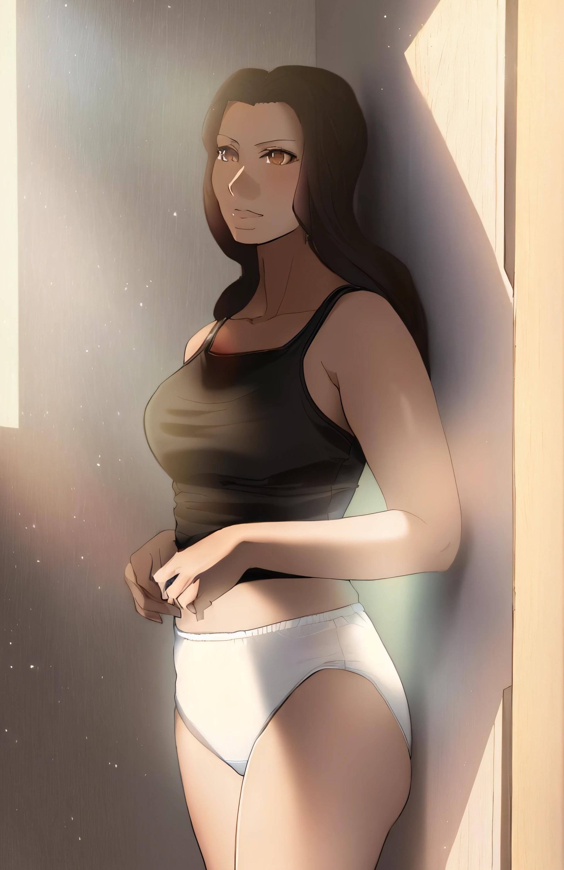 ((masterpiece, best quality)), Curvy Blasian woman with long black hair, (( in white tank-top and white panties)), (brown eyes), standing in bedroom, looking off camera, anime art style, intricate details
