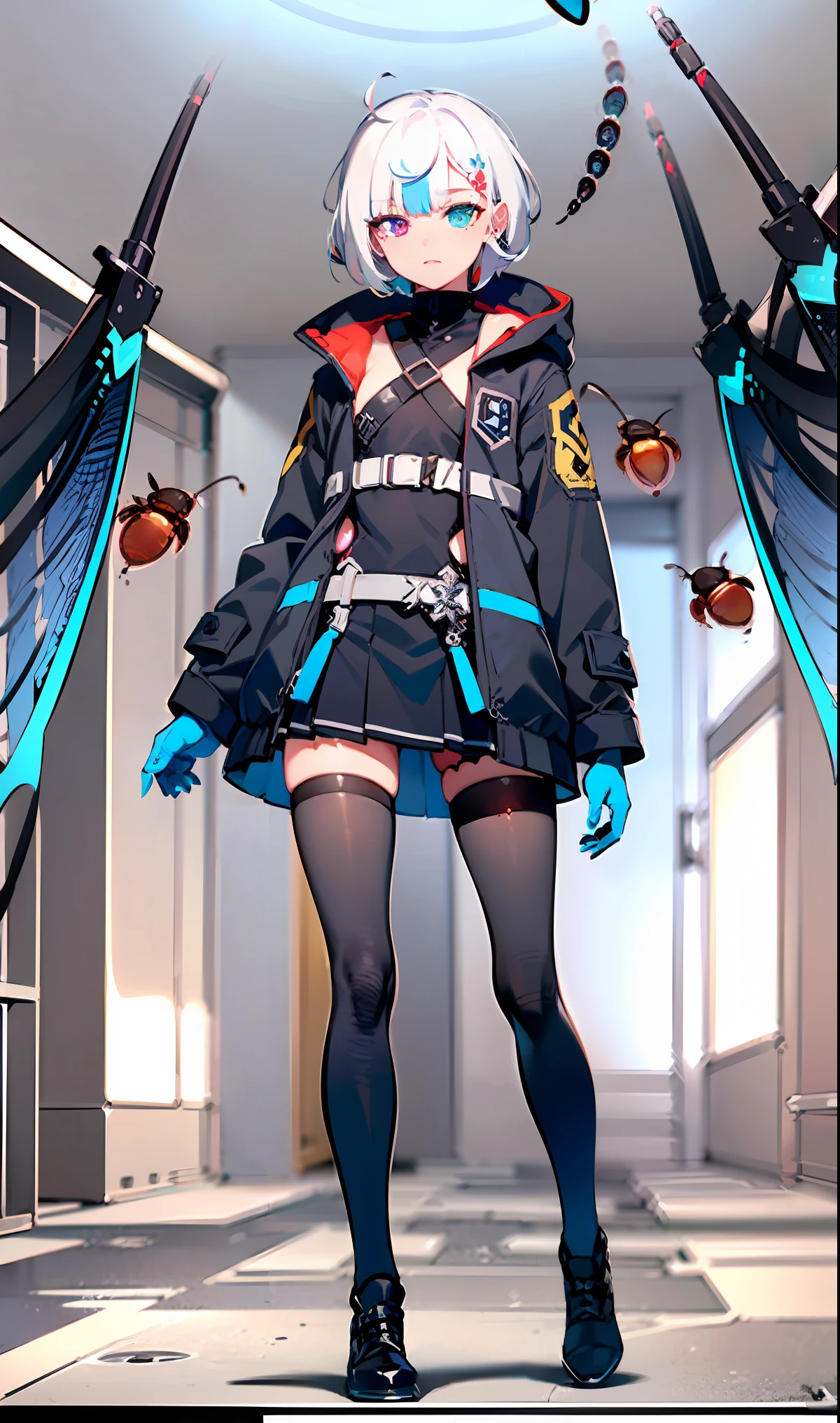 Masterpiece,Best quality,Extremely detailed Cg Unity 8K wallpaper,Solo,Male,newhalf,(Flat chest：1.5),White hair,Short hair,(Red and blue heterochromatic pupae:1.5),Black tactical coat,Black pleated skirt,(black thighhigns)