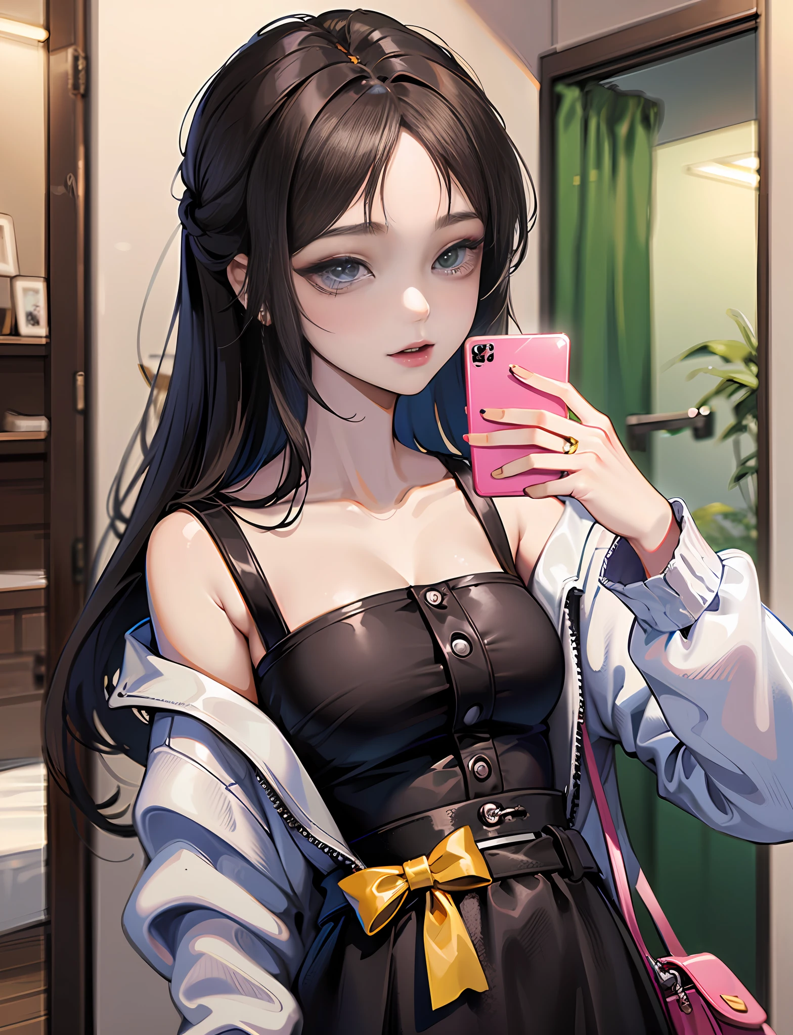 there is a woman taking a selfie with her phone, 8k selfie photograph, 19-year-old girl, jaeyeon nam, young lovely Korean faces, ulzzangs, xintong chen, selfie of a young woman, bae suzy, with cute - fine - face, wan adorable korean face, iphone selfie, she is about 1 6 