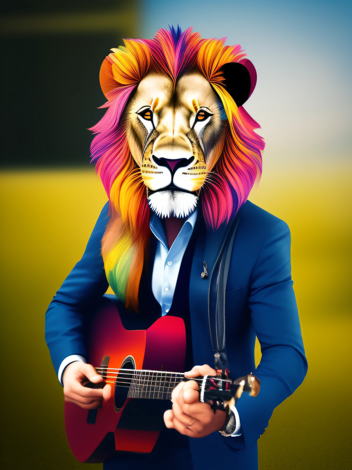 Lion in 2D, realistic, in a suit and tie, colorful, modern features, playing the guitar and with a microphone, show on a stage, modern