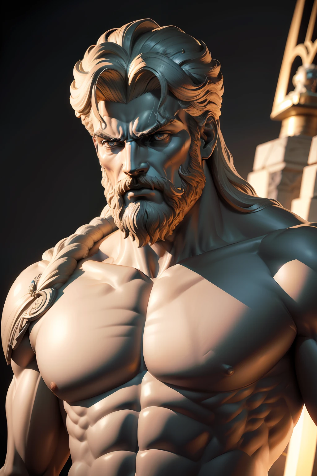 estatua de zeus, com rosto maduro, angry and tense features, cabelos longo e luzes de cim