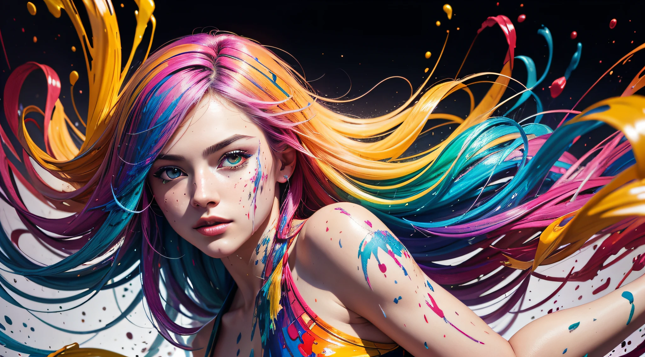 8k, RAW photo, realistic, photo-realistic, hyper-realistic, highest quality, best quality, masterpiece, highly detailed, absurdres,
masterpiece, best quality, (extremely detailed CG unity 8k wallpaper, masterpiece, best quality, ultra-detailed, best shadow), (detailed background), (beautiful detailed face, beautiful detailed eyes), High contrast, (best illumination), 1girl, Australian, multicoloured hair, beautiful, ((colourful paint splashes on transparent background, dulux)), ((caustic)), dynamic angle,beautiful detailed glow,full body, cowboy shot,