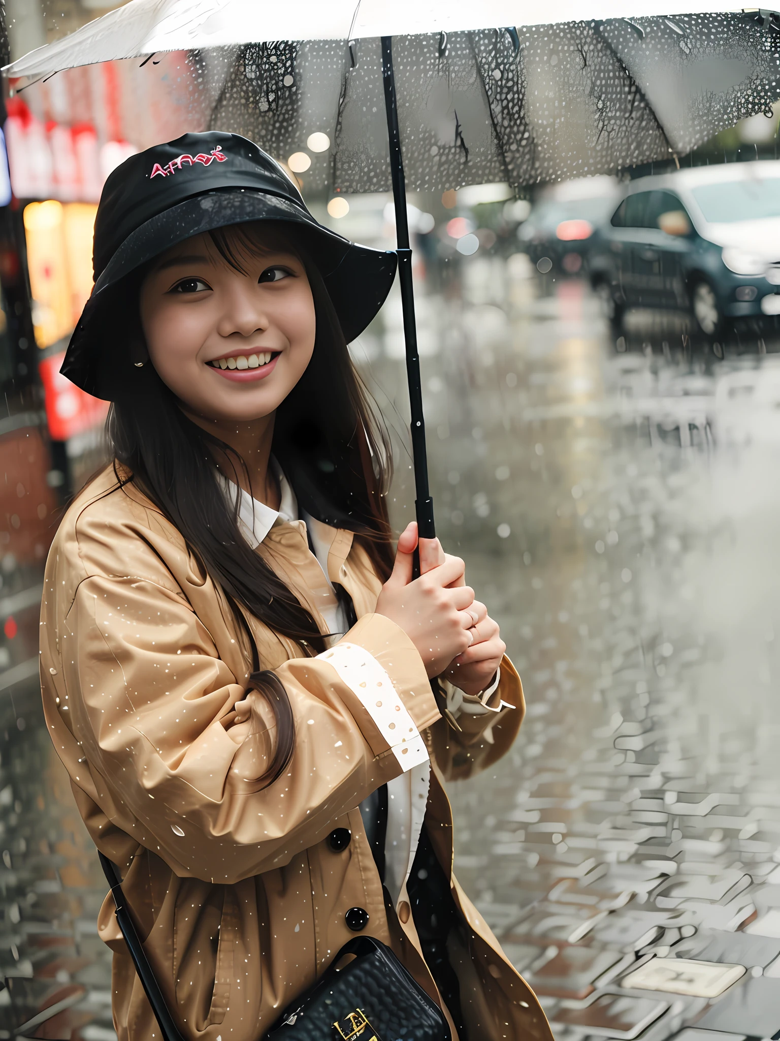 woman holding an umbrella in the rain on a city street, Standing in the rain, pretty girl standing in the rain, Holding an umbrella, holding a umbrella, author li zhang, holding a umbrella, xintong chen, In the rain, Japanese style, wearing a cute hat, Profile picture, raining portrait, In a rainy environment,having fun,Free,Elegant earrings