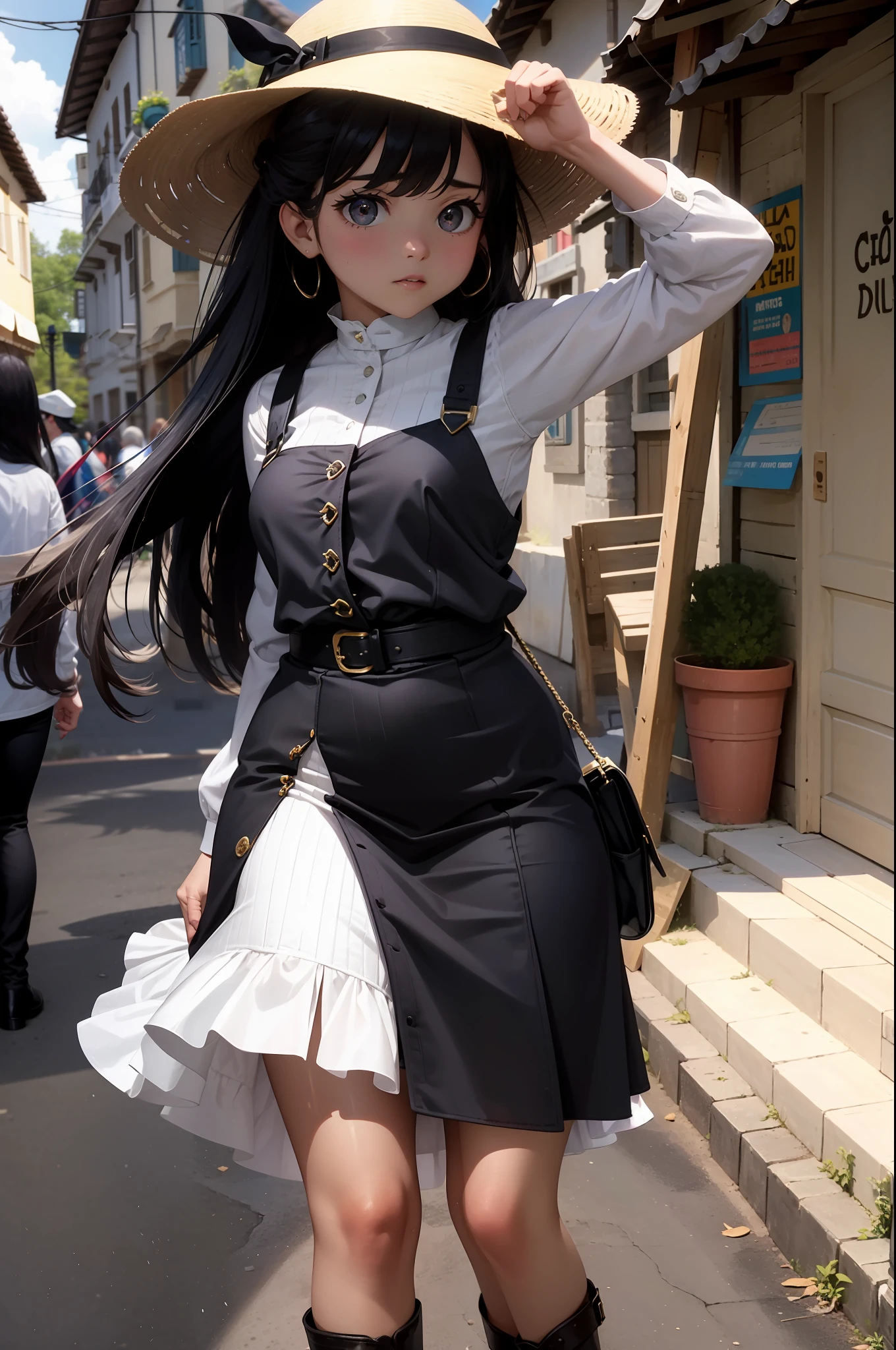 Una hermosa vaquera. She is in the middle of the street in a small village. She holds two large revolvers...., uno en cada mano, Usar ropa de mezclilla, un sombrero y botas altas. Su cabello es largo y rizado. It's a spectacular full-body image with a low upward tilt angle..