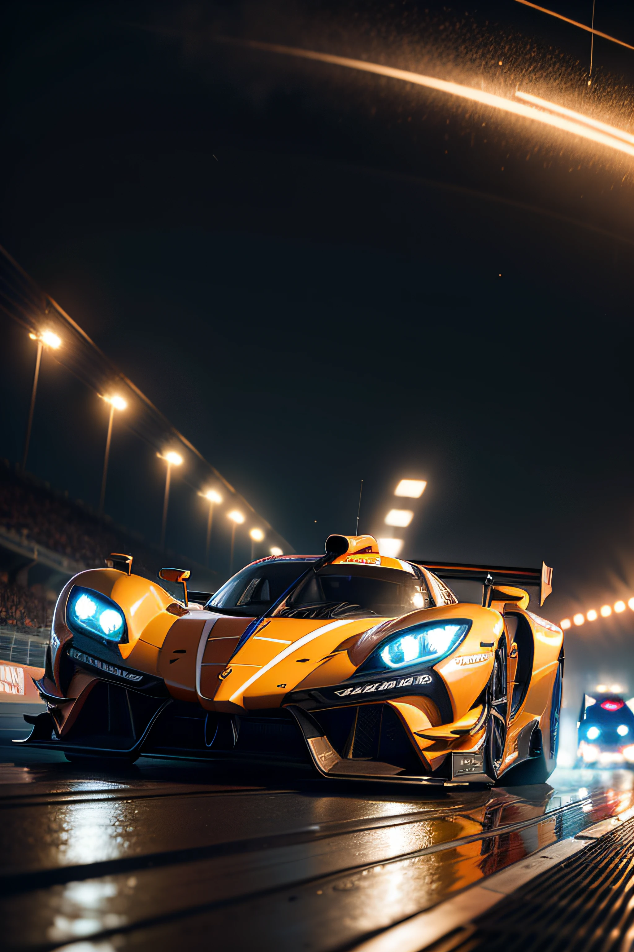 Nighttime Photography of hypercars, including the iconic Speedtails, racing under a canopy of bright lights on a track. The cars, with their sleek and aerodynamic shapes, blur past each other in a symphony of speed and power. The track is bathed in a vibrant mix of colored lights, creating a visually stunning and immersive experience. Shot with a long exposure, this image captures the trails of light left by the cars, emphasizing their dynamic movement and the excitement of the race. The composition utilizes leading lines to guide the viewer's eye through the frame. --s 1000