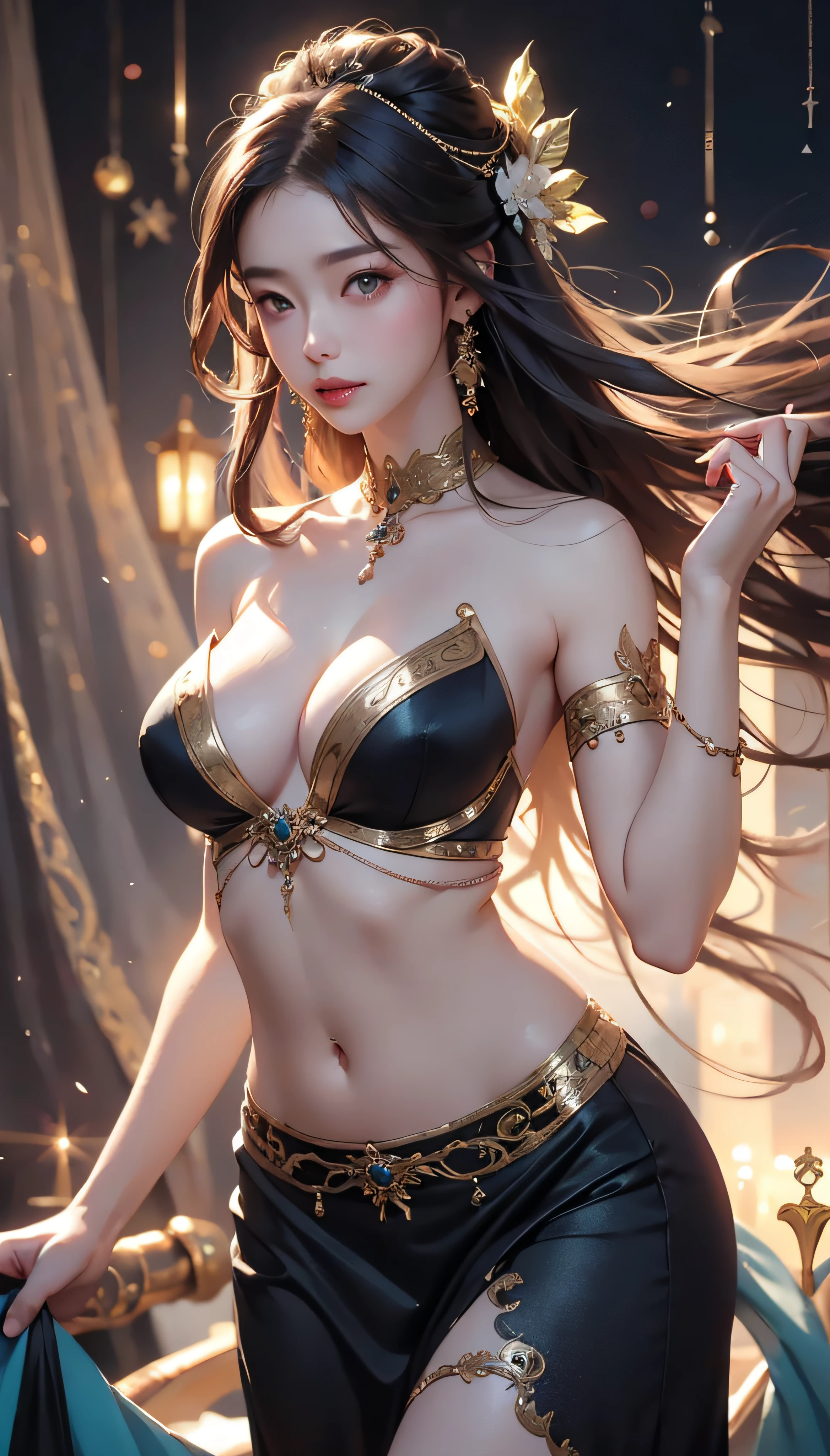 (1girll:1.3)、独奏、__Body parts__、offcial art、统一 8k 壁纸、ultra - detailed、Beauty and aesthetics、big breasts beautiful、tmasterpiece、best qualtiy、Fantastical Atmosphere、Brilliant、Passionate passion、soft shade、Sexy belly dancer、Dynamic dance,Charisma spells、Carnal seduction、looking to the camera,Light smile,Bigchest:1.4