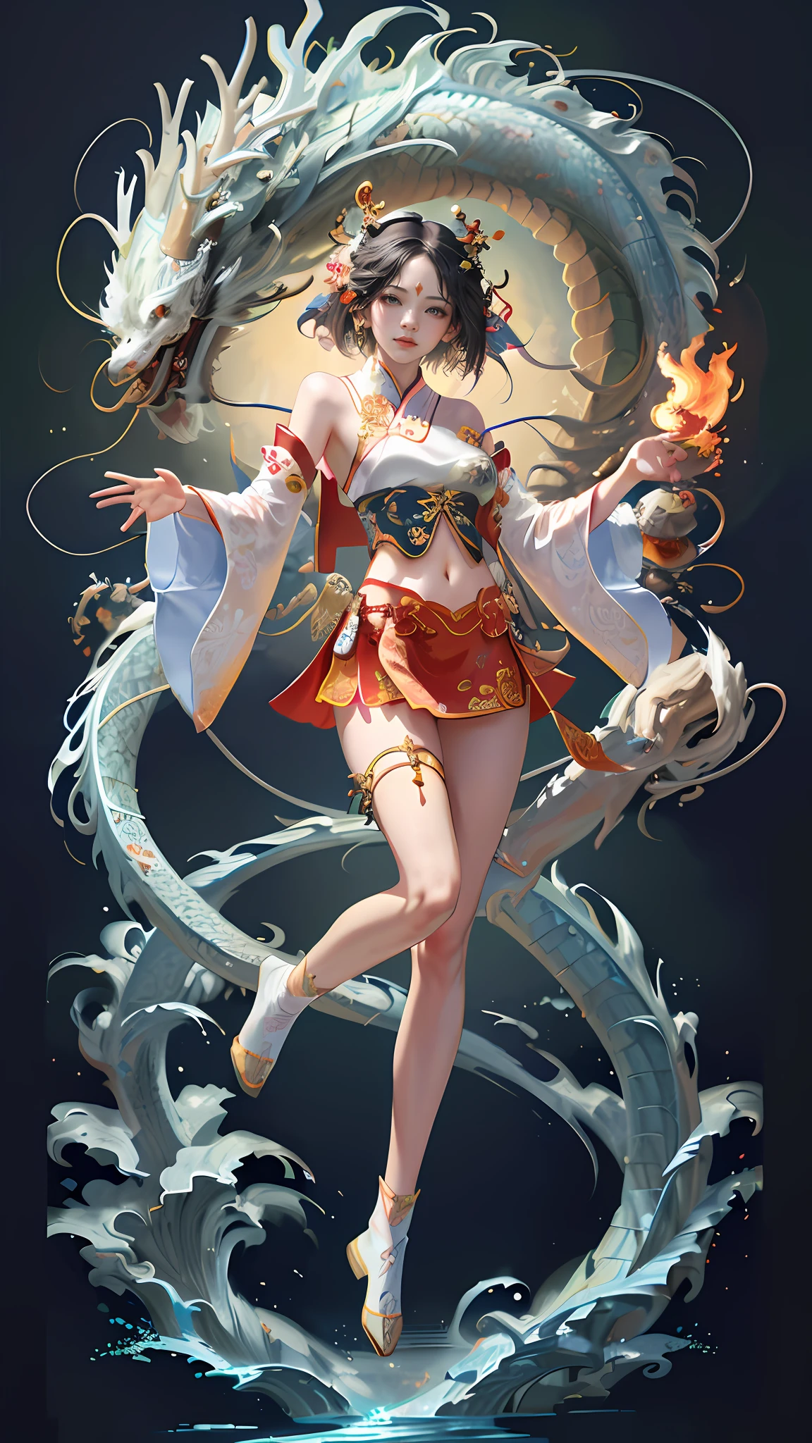 Official Art, Unified 8K Wallpapers, Ultra Detailed, Beautiful and Aesthetic, Masterpiece, Best Quality, (Zentangle, Tangle, Entangle), (fractal art: 1.4), 1girl, black hair, Chinese, bare shoulders, short skirt, calf, navel, very detailed, dynamic angle, cowboyshot, (most beautiful form chaos), flowing, (bright colors), oc, (half: 1.2), china, (thangka flying sky: 1.5), (ribbon: 1.3), (dream: 1.5), (hanfu: 1.5), Chinese dragon, Chinese phoenix, (smile: 0.5), (Chinese deity),
