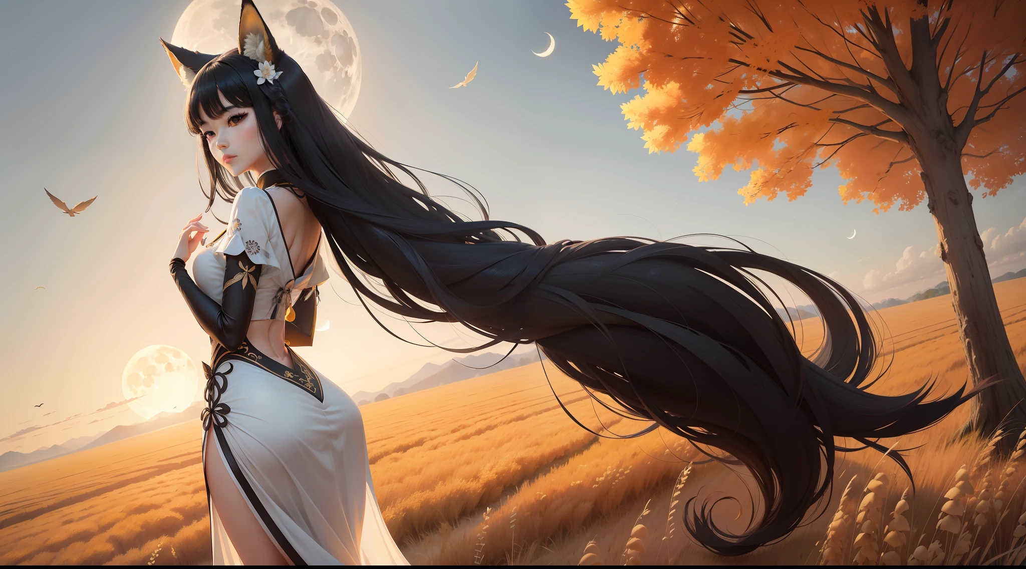 A vixen stood under a large tree looking at the moon，This vixen wears clothes made of straw，Black hair flutters in the wind，Classical Chinese hairstyle，The head has fox ears，The fox's tail grows on the butt，Delicate face，White and tender skin，There are endless wheat fields nearby，Far perspective，low perspective