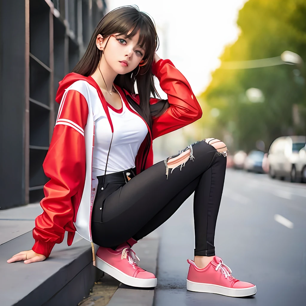 Araffe's girl in a red and white jacket sits on the steps on the street, Anime Girl Cosplay, anime girl in real life, Random Pose, the anime girl is crouching, style anime, realistic anime 3 d style, Chinese woman, Anime Pose, Anime Thai Girl, beautiful anime girl squatting, attractive pose, casual photography, realistic young anime girl, anime girl