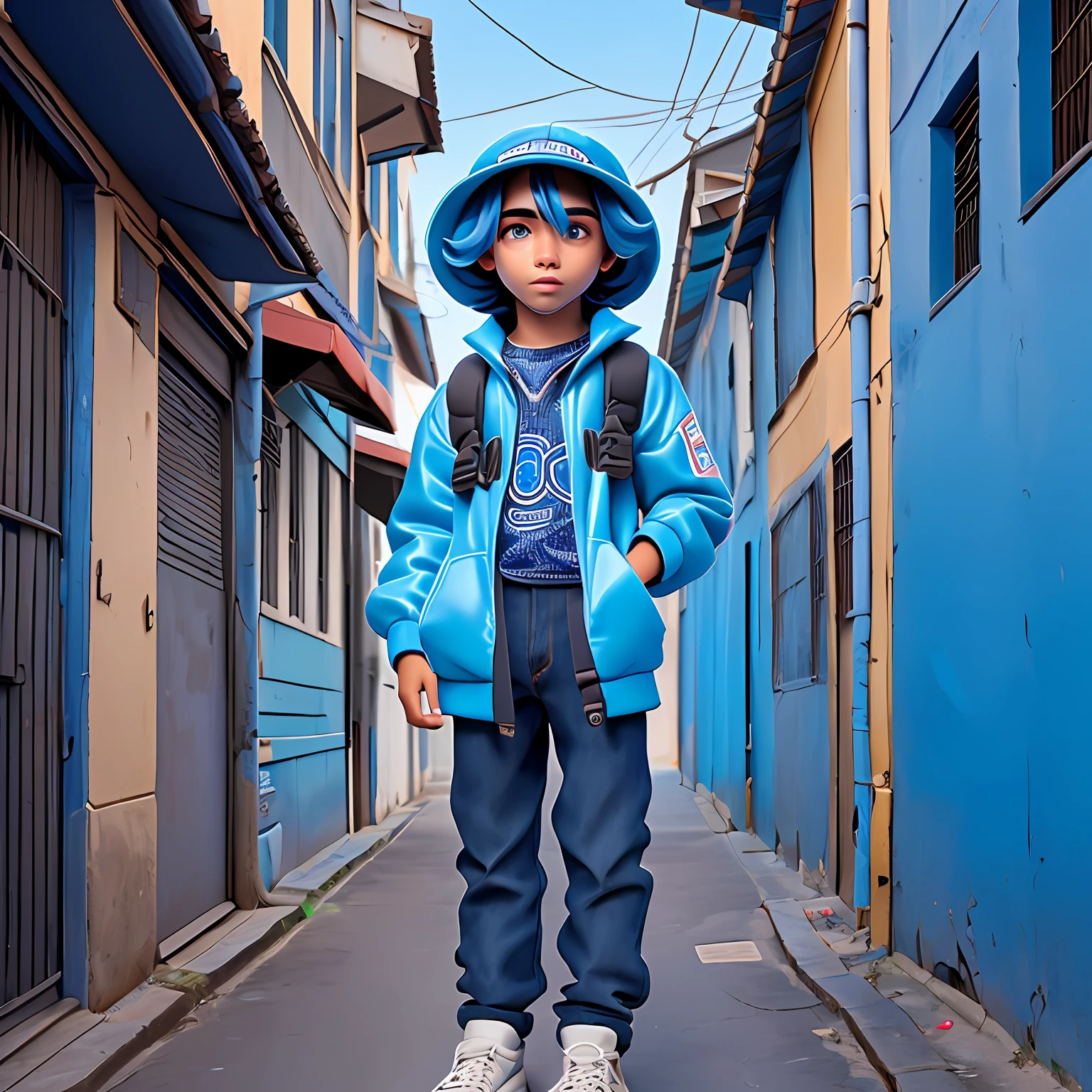 um menino jovem, Seu cabelo, bonnet, kalap, tom preto com mechas azul escuro, roupas leves, mochila, livros, corpo inteiro, The background is filled with a school theme, Urbano.