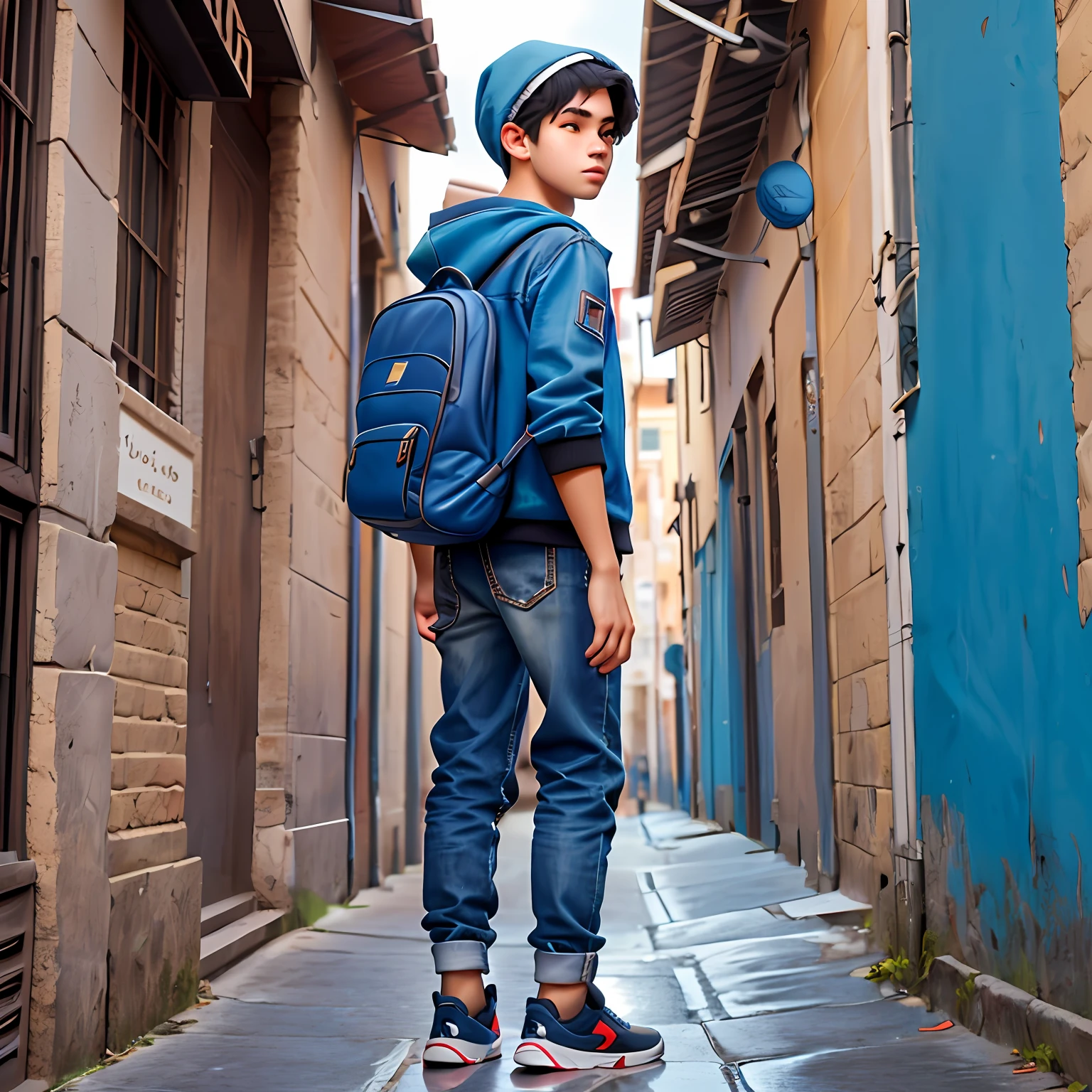 um menino jovem, Seu cabelo, bonnet, kalap, tom preto com mechas azul escuro, roupas leves, mochila, livros, corpo inteiro, The background is filled with a school theme, Urbano.