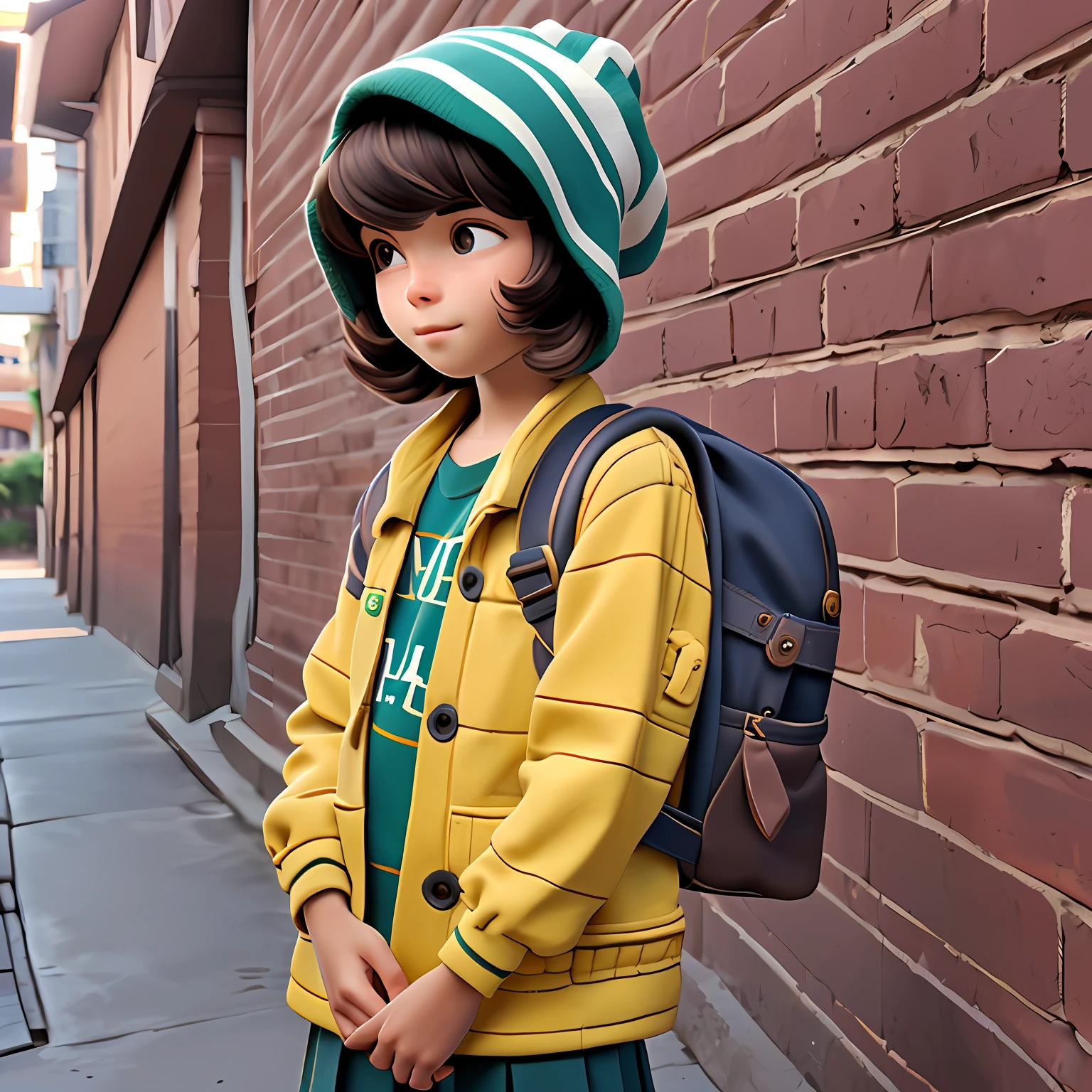 um menino jovem, Seu cabelo, bonnet, kalap, tom amarelo loiro, roupas leves, mochila, livros, corpo inteiro, The background is filled with a school theme, Urbano.
