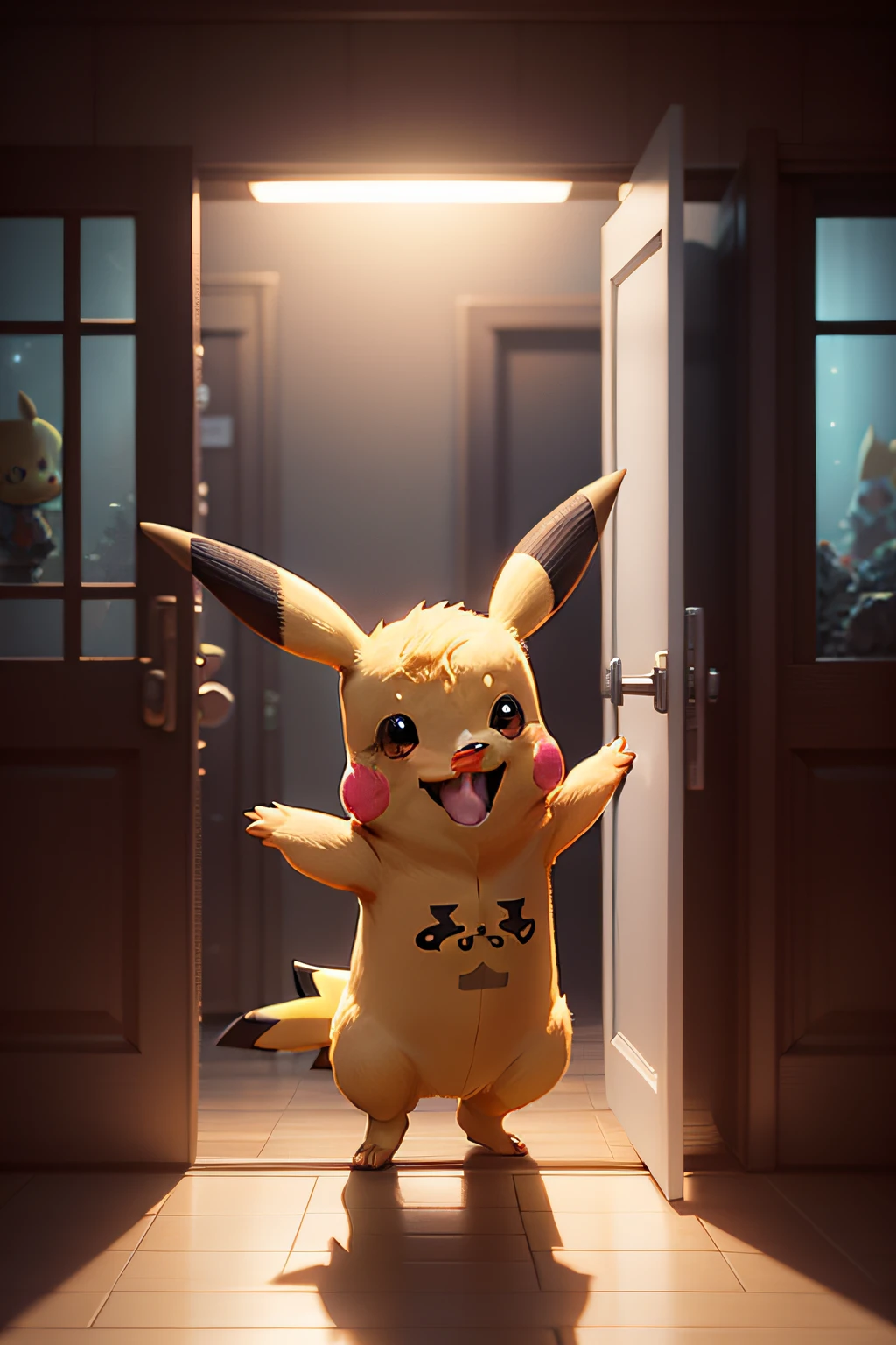 Cute little Pikachu waving and smiling greeting me in front of the theater door, unreal engine, cozy interior lighting, art station, detailed digital painting, cinematic, character design by (leagueofstyle,)