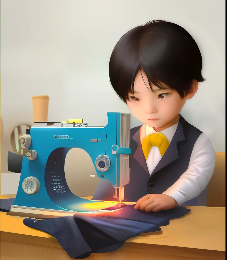 An Asian boy in a blazer sits in front of a sewing machine sewing,Black color hair。