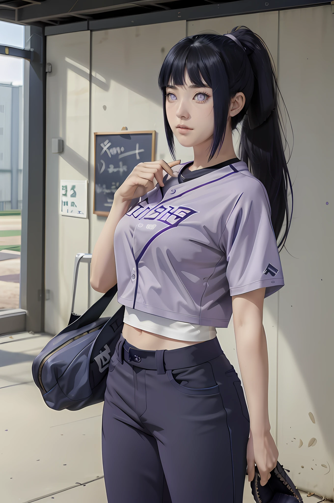 ((masterpiece:1.2, best quality)), hinata/(boruto/),1girl, long hair, dark blue hair, purple eyes, baseball shirt, baseball pants holding a baseball, straight, mature, blunt bangs, medium breast, ponytail