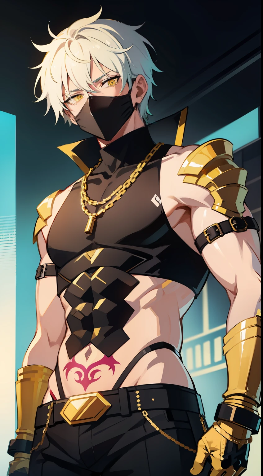 Tall guy, short white hair, Yellow eyes, Mask on the eyes, turquoise body armor, Sleeveless, Gold Chains, tattoos on arms, Black pants, ciberpunk, hiquality