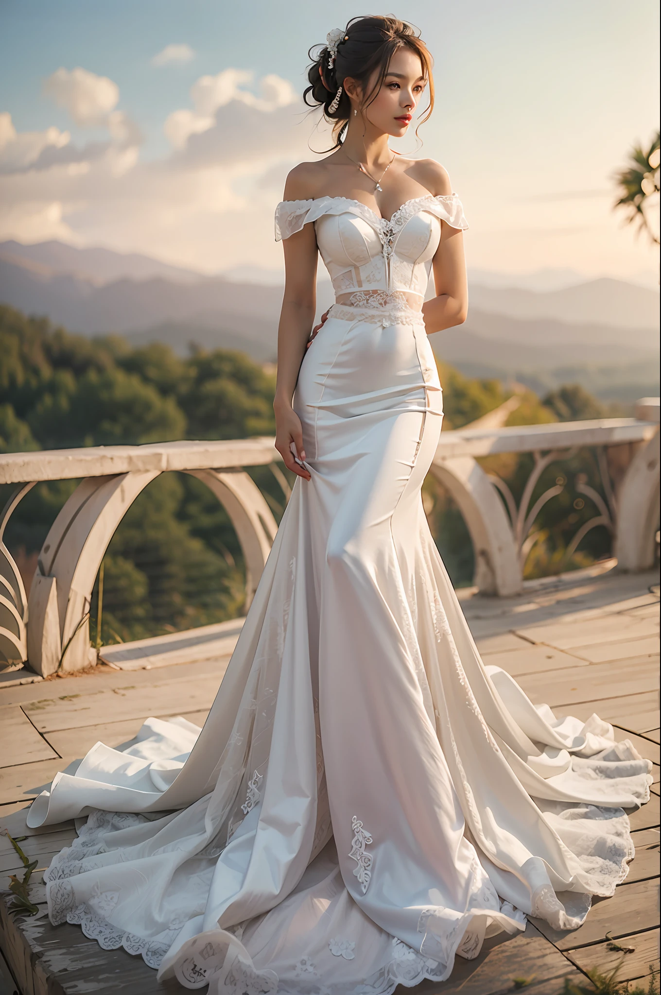 (realistic:1.3), quality, (masterpiece:1.2), (photorealistic:1.2), (best quality), (detailed skin:1.3),((Depth of field)), ultra realistic, out door, beautiful poseBeautiful 22 year old young lady perfect height ratio wearing white wedding dress tight dress off-the-shoulder waist ribbon