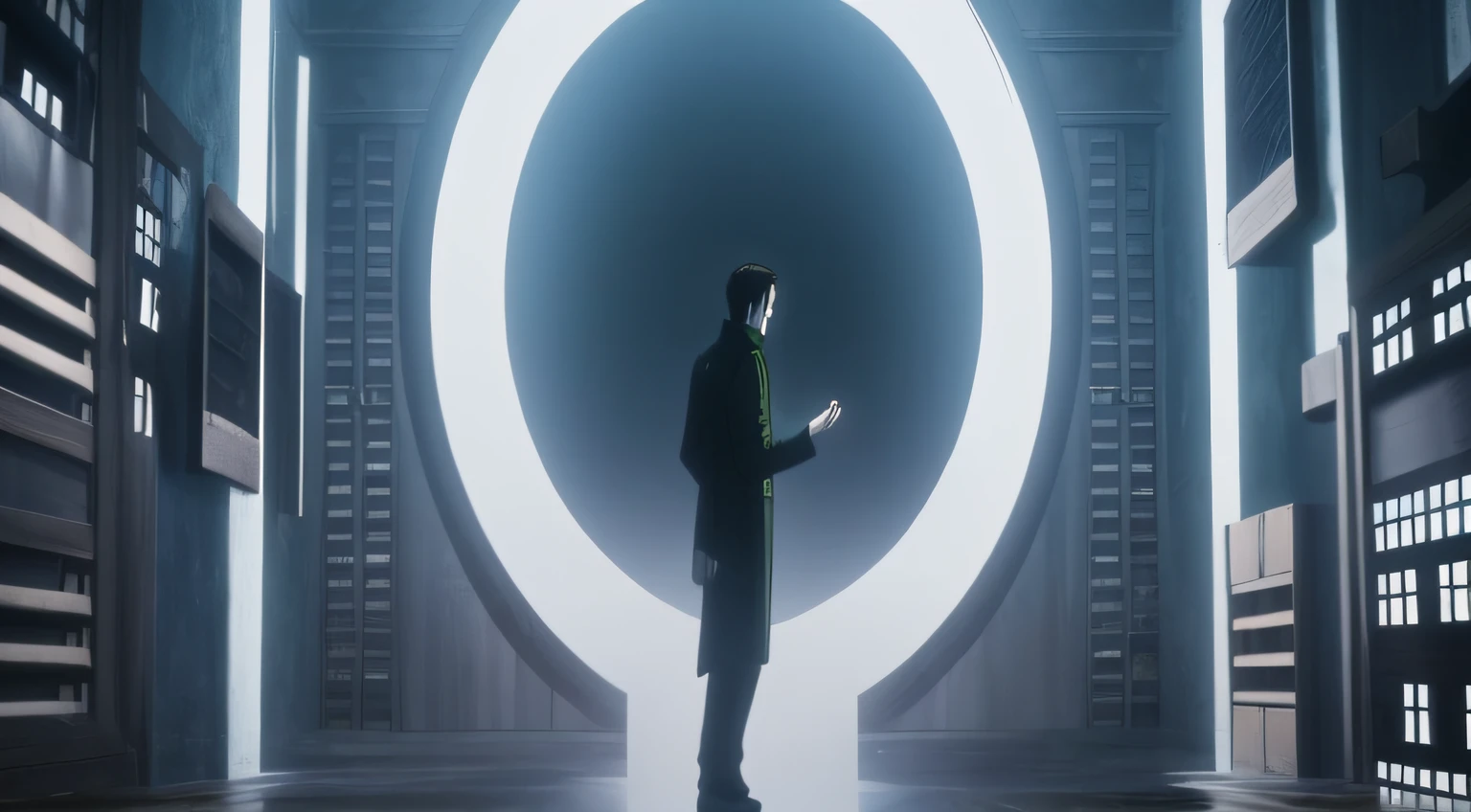 arafed image of a man standing in a dark room with a large circle, youtube video screenshot, still from a music video, opening scene, perfect circle, a still of an ethereal, music video, moody strange cinematography, still from loki ( 2 0 2 1 ), video still, screenshot from a movie, portal opening, loki, ouroboros, anime still