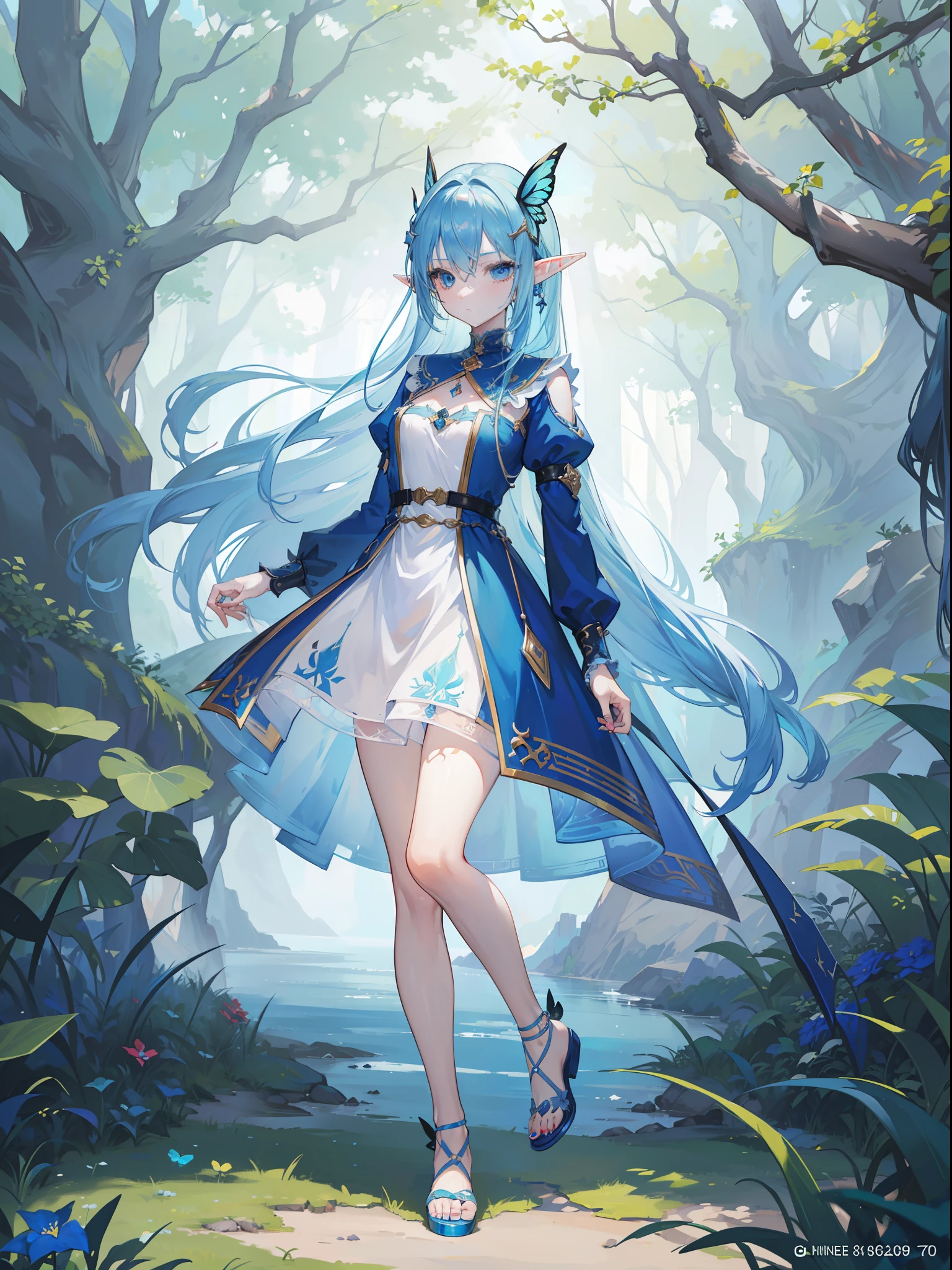 woman with blue hair, ((elf ears)), long hair, ((extremely detailed face and clothing)) ((full body)), ((looking into camera)), (realistic camera angle), fantasy, in nature, wearing small dress, (butterlies), (((masterpiece))), (((ultra high quality, 8k)))