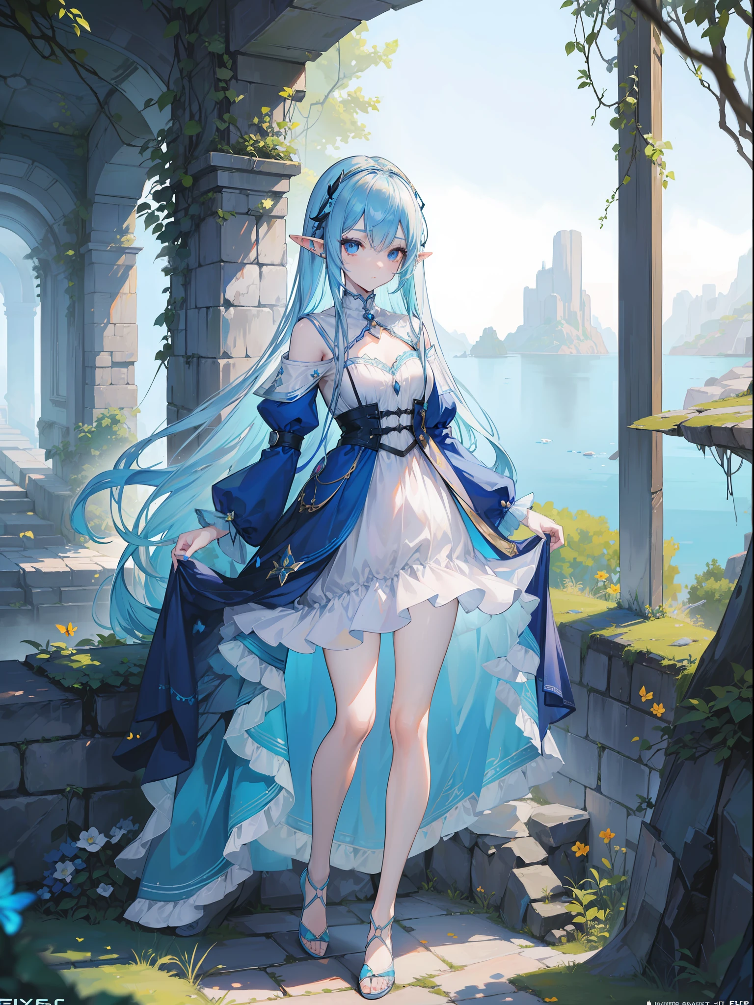 woman with blue hair, ((elf ears)), long hair, ((extremely detailed face and clothing)) ((full body)), ((looking into camera)), (realistic camera angle), fantasy, in nature, wearing small dress, (butterlies), (((masterpiece))), (((ultra high quality, 8k)))