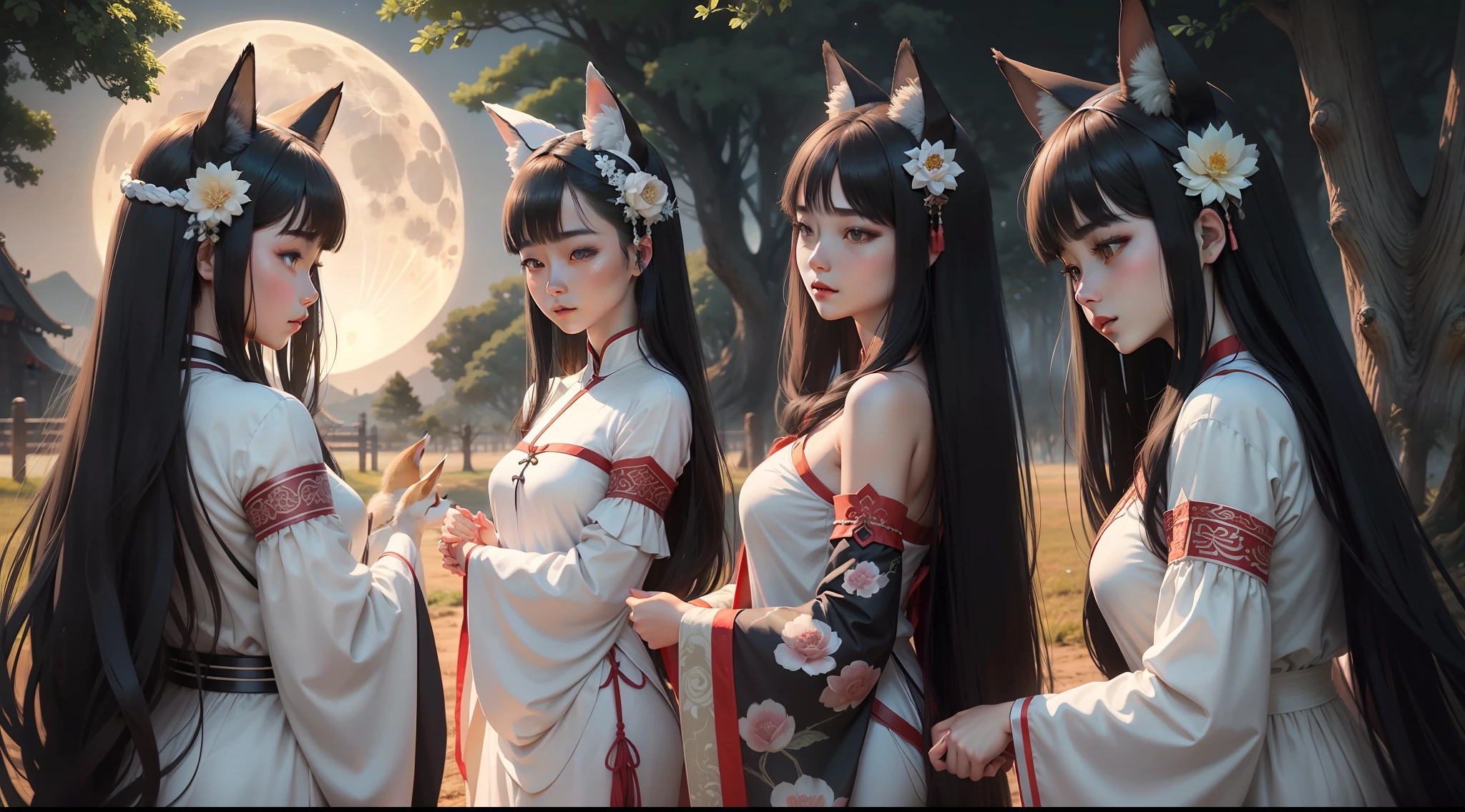 Four vixens stand under a large tree looking at the moon,Wear clothes made of straw,The head has fox ears,The fox's tail grows on the butt,There is a white mist around,Black hair flutters in the wind,Classical Chinese hairstyle,Delicate face,White and tender skin,nigh sky,Far perspective,low perspective