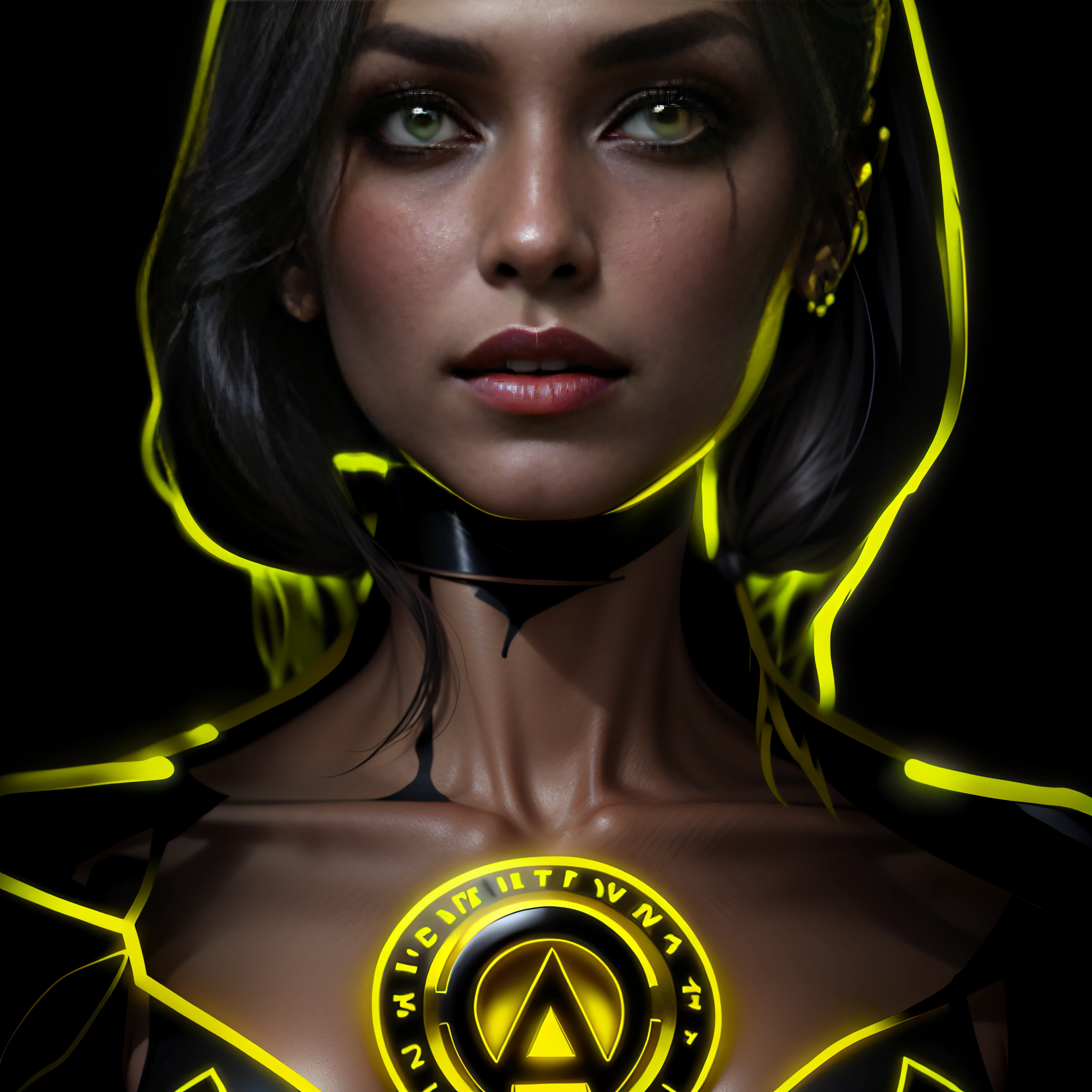 Uma linda mulher branca ocidental de cabelo prerto curto, to the neck pain, olhos azuis, dressed in a costume made of bright black latex with a luminous yellow symbol,