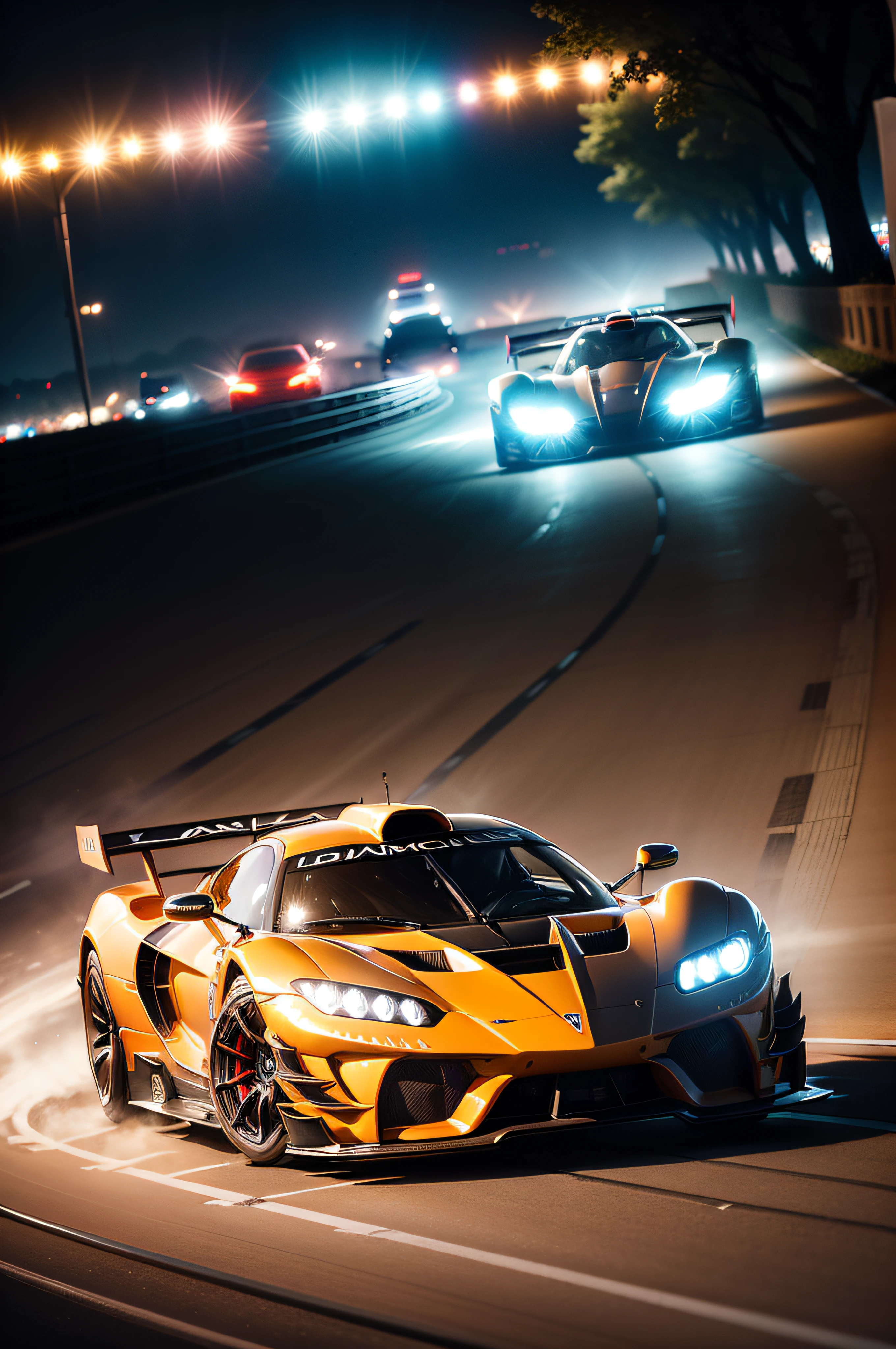 Nighttime Photography of hypercars, including the iconic Speedtails, racing under a canopy of bright lights on a track. The cars, with their sleek and aerodynamic shapes, blur past each other in a symphony of speed and power. The track is bathed in a vibrant mix of colored lights, creating a visually stunning and immersive experience. Shot with a long exposure, this image captures the trails of light left by the cars, emphasizing their dynamic movement and the excitement of the race. The composition utilizes leading lines to guide the viewer's eye through the frame. --s 1000
