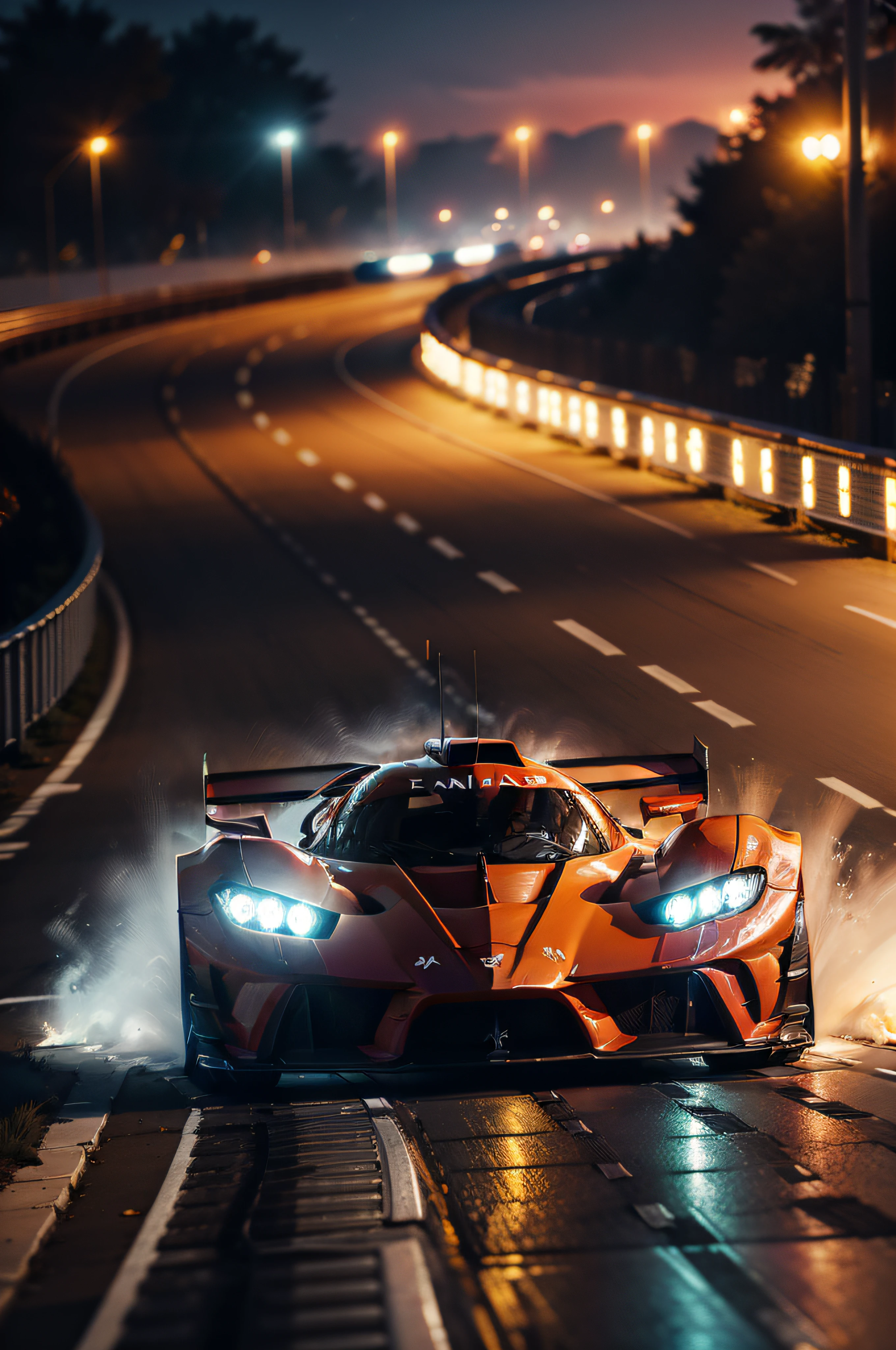 Nighttime Photography of hypercars, including the iconic Speedtails, racing under a canopy of bright lights on a track. The cars, with their sleek and aerodynamic shapes, blur past each other in a symphony of speed and power. The track is bathed in a vibrant mix of colored lights, creating a visually stunning and immersive experience. Shot with a long exposure, this image captures the trails of light left by the cars, emphasizing their dynamic movement and the excitement of the race. The composition utilizes leading lines to guide the viewer's eye through the frame. --s 1000