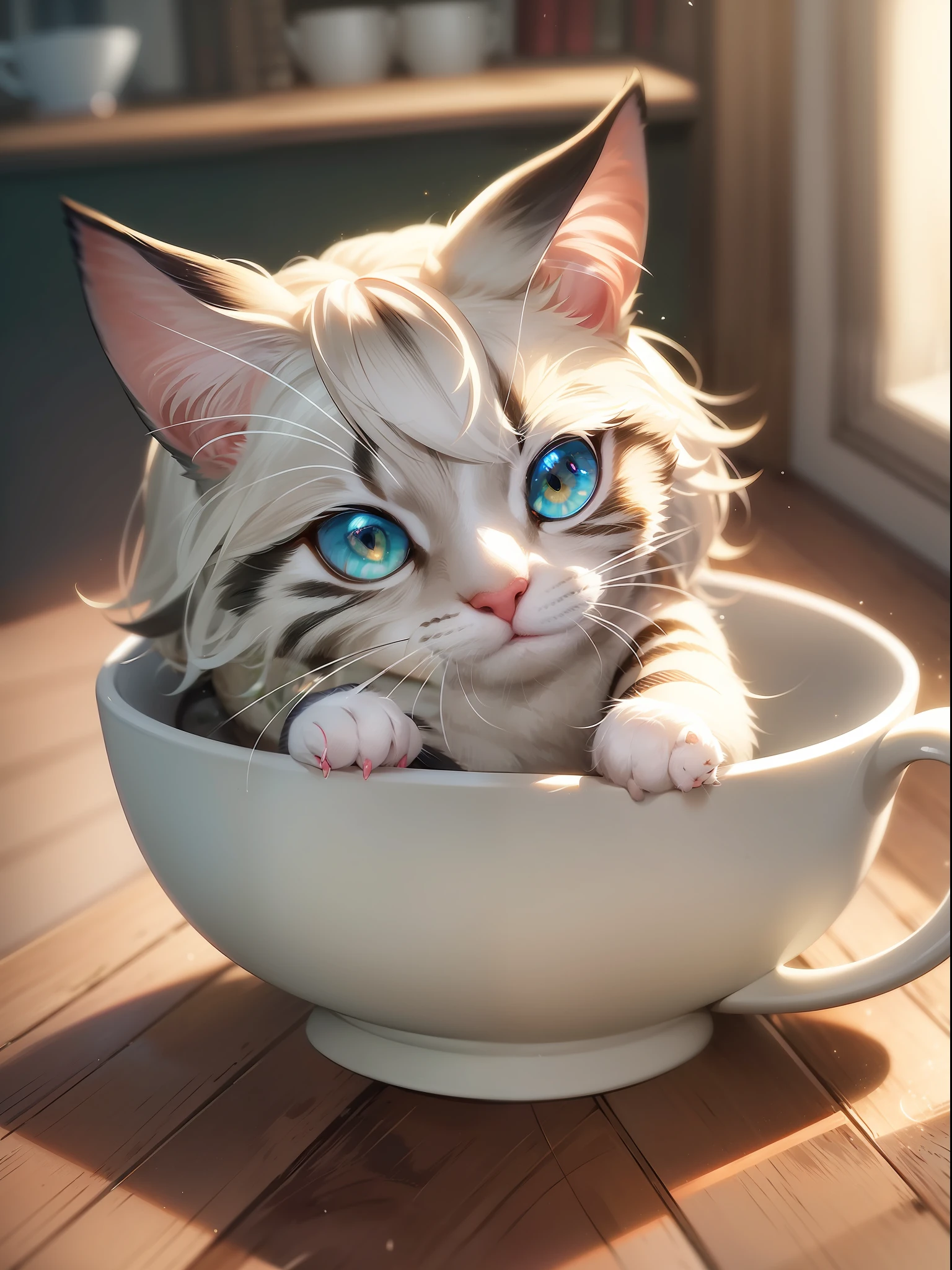 Cat, (Himalayan), (Small)))), in a teacup, Face, Front paws out, 8K, Professional photo, Delicate, Clear, On the table, Inside the house, Sunshine, Light Leak, Masterpiece, ((Pretty))), Fashionable Teacup, (Reality), Plush Toy, Round Pupils