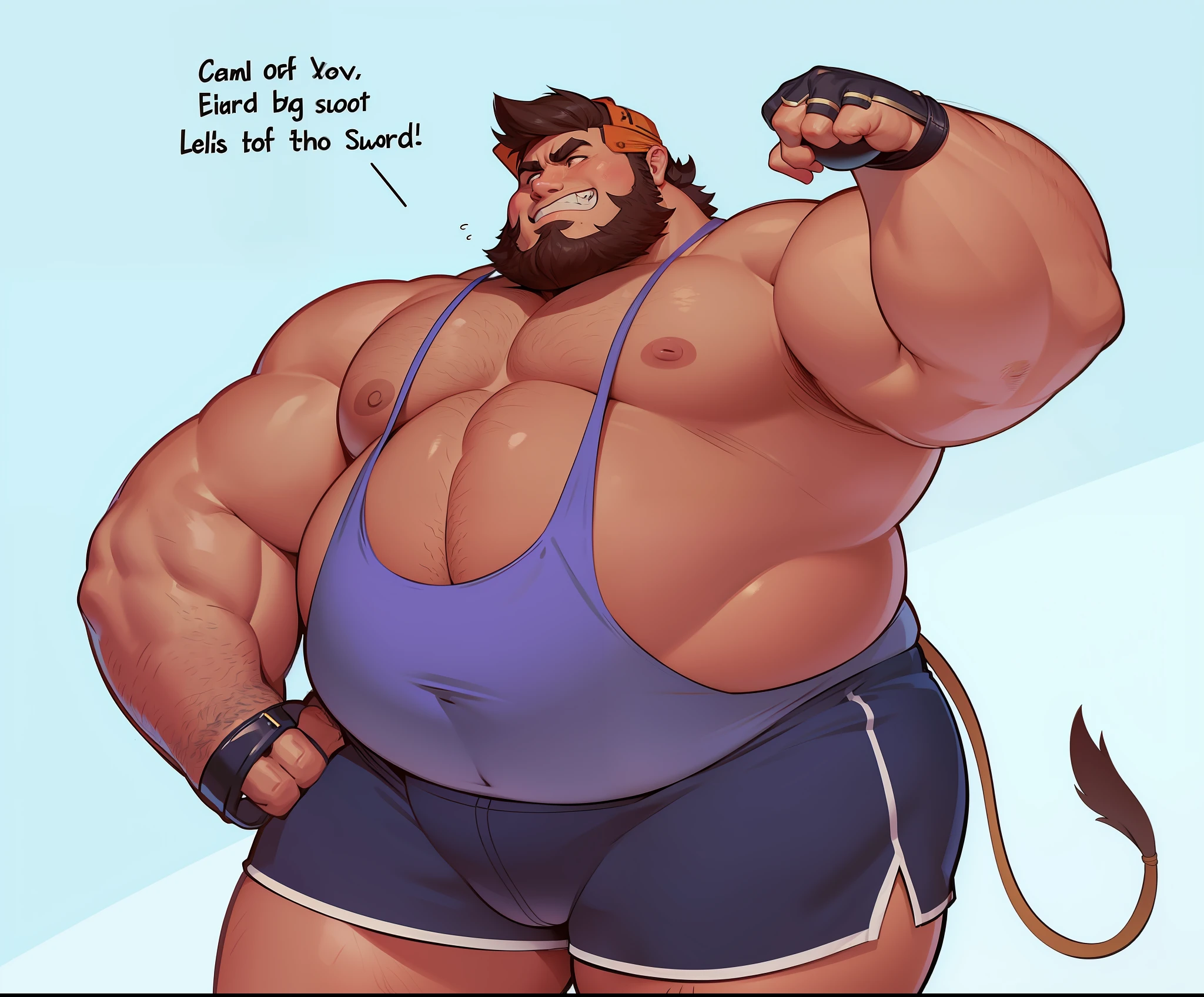 Obese males, (Big fat muscle:0.5), (very Bigger breasts:1.0), (Big belly:1.0), (Chubby face:1.0), Asian face,bushy beard,Man, 21yo, Wear leather shorts, (Wear yours with a T-shirt:1.0), (Very short hair:1.5), Retro comic style artwork,Full body like
