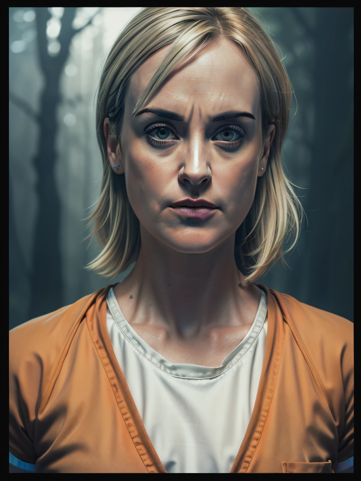 (((Piper Chapman, of the series "Orange Is the New Black", inspirada em Taylor Schilling))), ((Autorretrato frontal)), 8k UHD, DSLR, grain of film, Pintura fotorrealista, sorrindo, olhar sedutor, in a setting of a dark dark forest. estilo filme de terror, Auto retrato de rosto frontal, posing for camera,,lowangle, 24 mm, (((foco nítido:1.5))), (((profundidade de nitidez:1.5))), (fotorrealista:1.5), (textura da pele:1), cinemactic, hiperdetalhado,