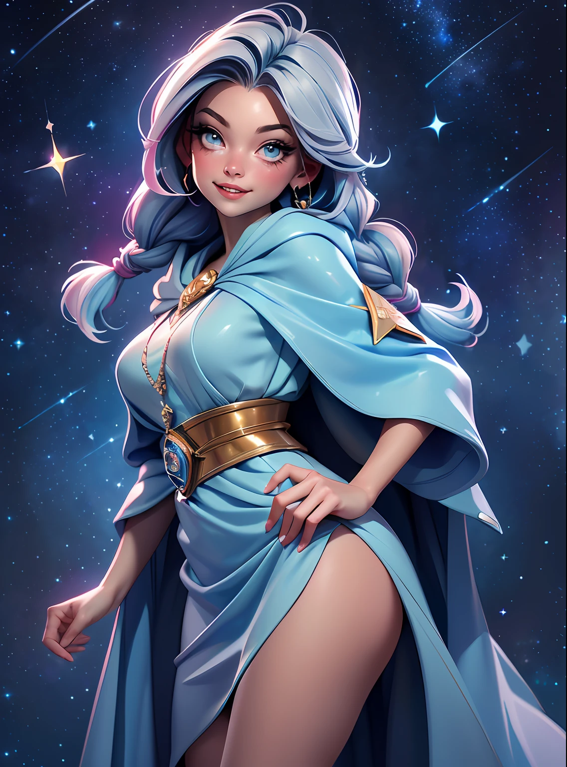 ((Best quality)), ((Masterpiece)), ((Realistic)) and watercolor drawing of a girl with goth colors. Crotch angle perspective, lying on his back . She has ((starlight hair)), dressed in (Ravenclaw wizarding robes,Star motif ) (Carmelto), ((Beautiful and aesthetic)), Long silver hair,Two twisted braids, Sexy, under-boobs,, (star filled sky background) (Clear background:1.35), (Particle ,Firefly, blue glowing):1.3, Perspective, cheerful grin, totally blushed, Nervous, looking at viewert,