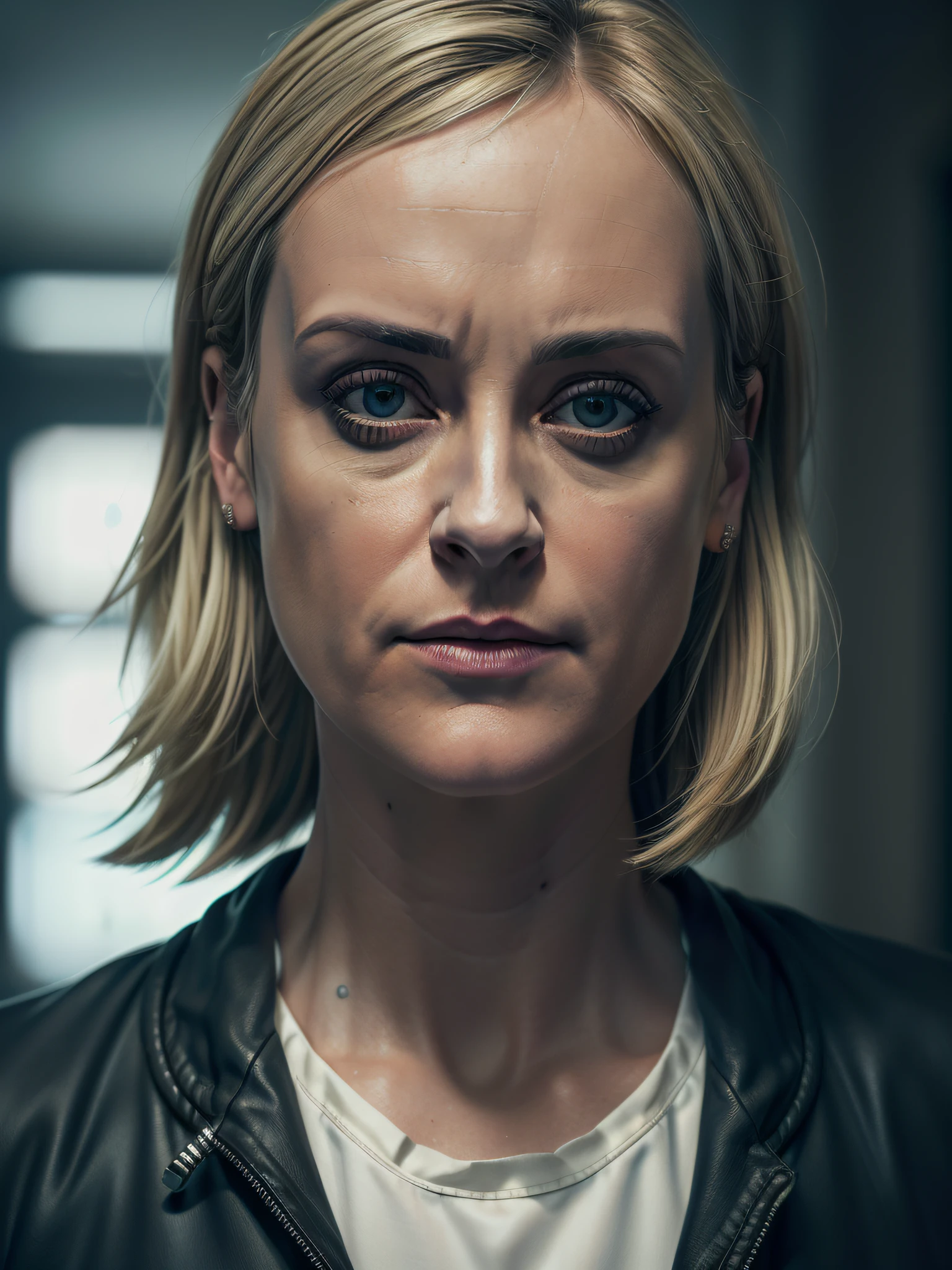 (((Piper Chapman, of the series "Orange Is the New Black", inspirada em Taylor Schilling))), ((Autorretrato frontal)), 8k UHD, DSLR, grain of film, Pintura fotorrealista, sorrindo, olhar sedutor, in a setting of a dark dark forest. estilo filme de terror, Auto retrato de rosto frontal, posing for camera,,lowangle, 24 mm, (((foco nítido:1.5))), (((profundidade de nitidez:1.5))), (fotorrealista:1.5), (textura da pele:1), cinemactic, hiperdetalhado,