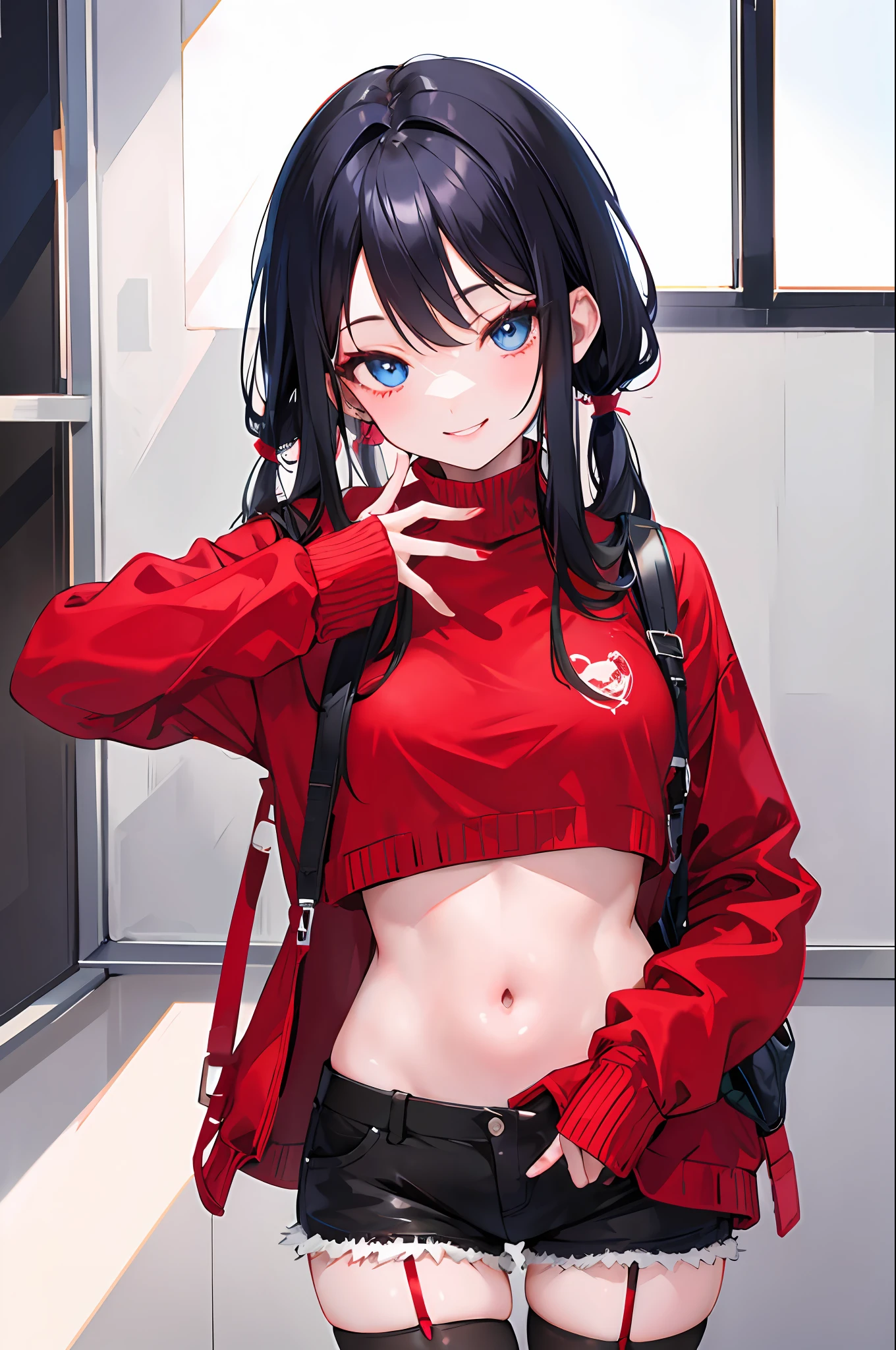 1girl,Red sweater,Shorts, mesh stockings,Smile, Black hair, blue eyes.