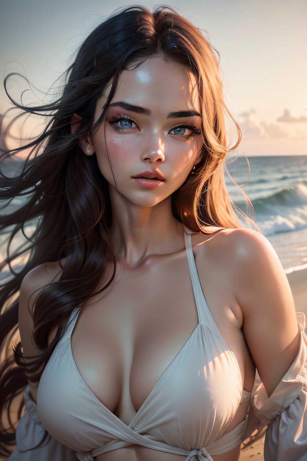 "Masterpiece, top-notch quality, intricate details, an exquisite woman with a meticulously crafted face and captivating eyes, featuring double eyelids and flowing waves of long hair, striking a graceful model pose against a serene beach backdrop, in stunning 8k resolution, bathed in the soft glow of natural light."