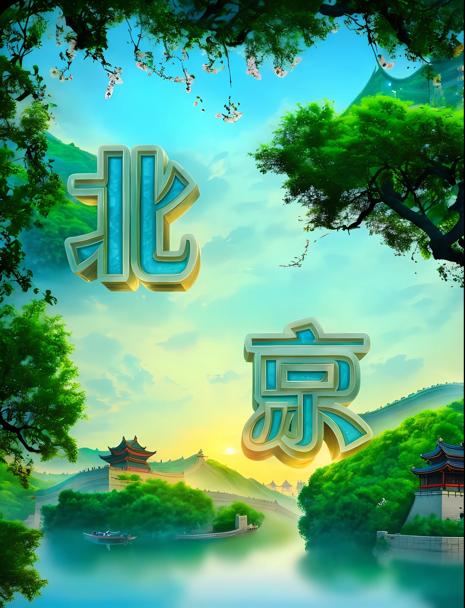 At dusk, the Beijing Great Wall stands majestically amidst lush green trees and willows dancing in the breeze. It is embraced by the serene blue waters, adorned with quaint small bridges and meandering streams, exuding an antique charm. The air is filled with the sweet fragrance of blooming flowers, and the atmosphere feels warm and tranquil like jade. Birds sing their melodies while flowers bloom, creating a picturesque water town scene. The view is so leisurely and captivating, it appears as if it was captured with real photography in stunning 16K resolution.