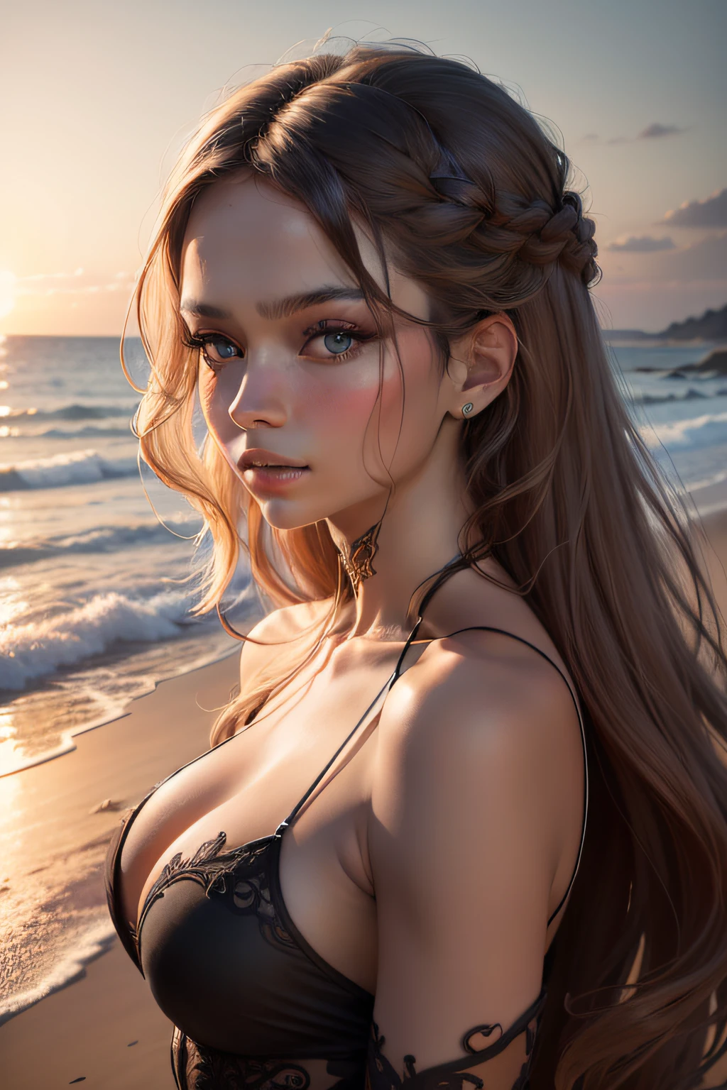 "Masterpiece, top-notch quality, intricate details, an exquisite woman with a meticulously crafted face and captivating eyes, featuring double eyelids and flowing waves of long hair, striking a graceful model pose against a serene beach backdrop, in stunning 8k resolution, bathed in the soft glow of natural light."