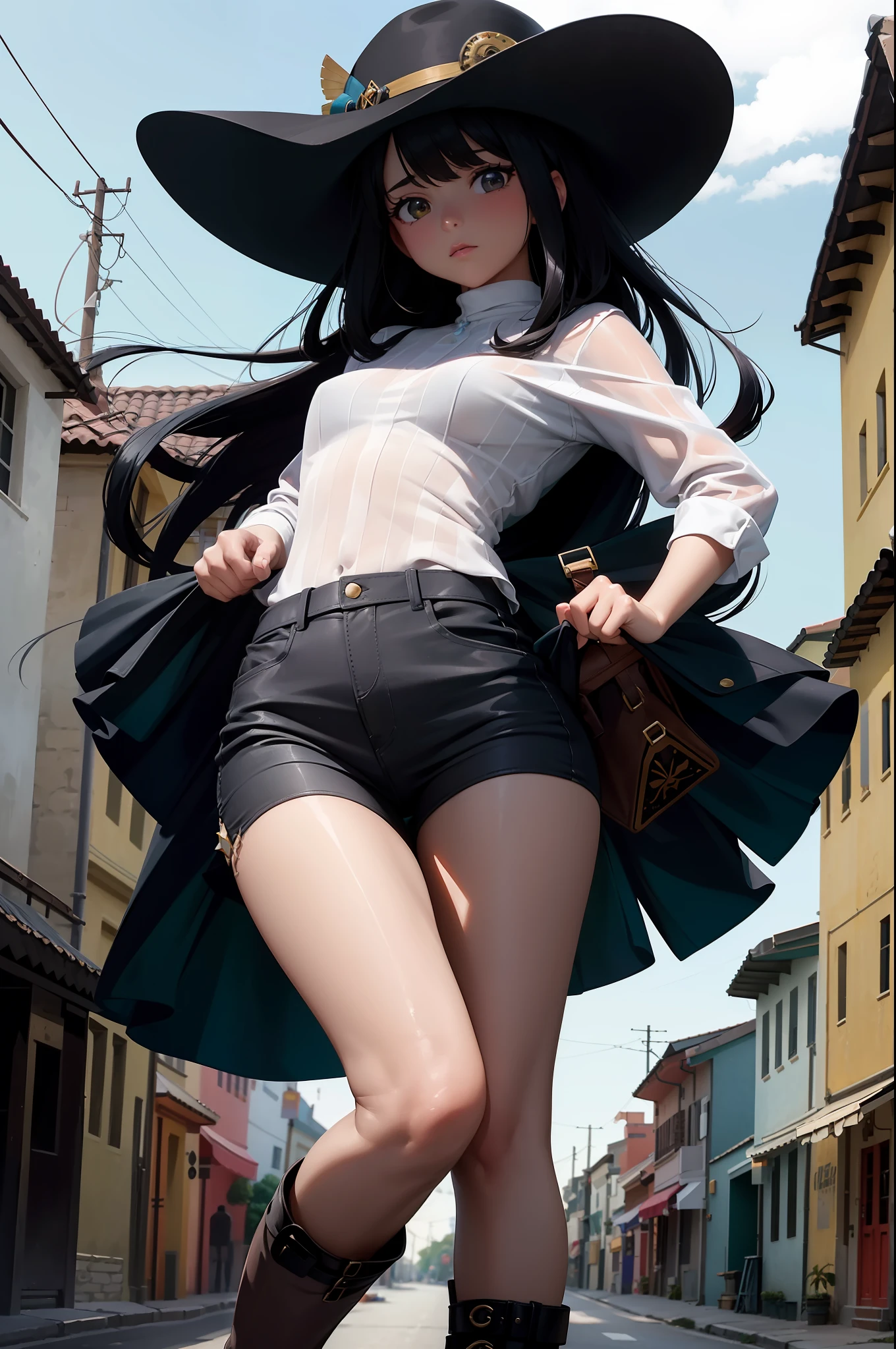 Una hermosa vaquera. She is in the middle of the street in a small village. She holds two large revolvers...., uno en cada mano, Usar ropa de mezclilla, un sombrero y botas altas. Su cabello es largo y rizado. It's a spectacular full-body image with a low upward tilt angle..