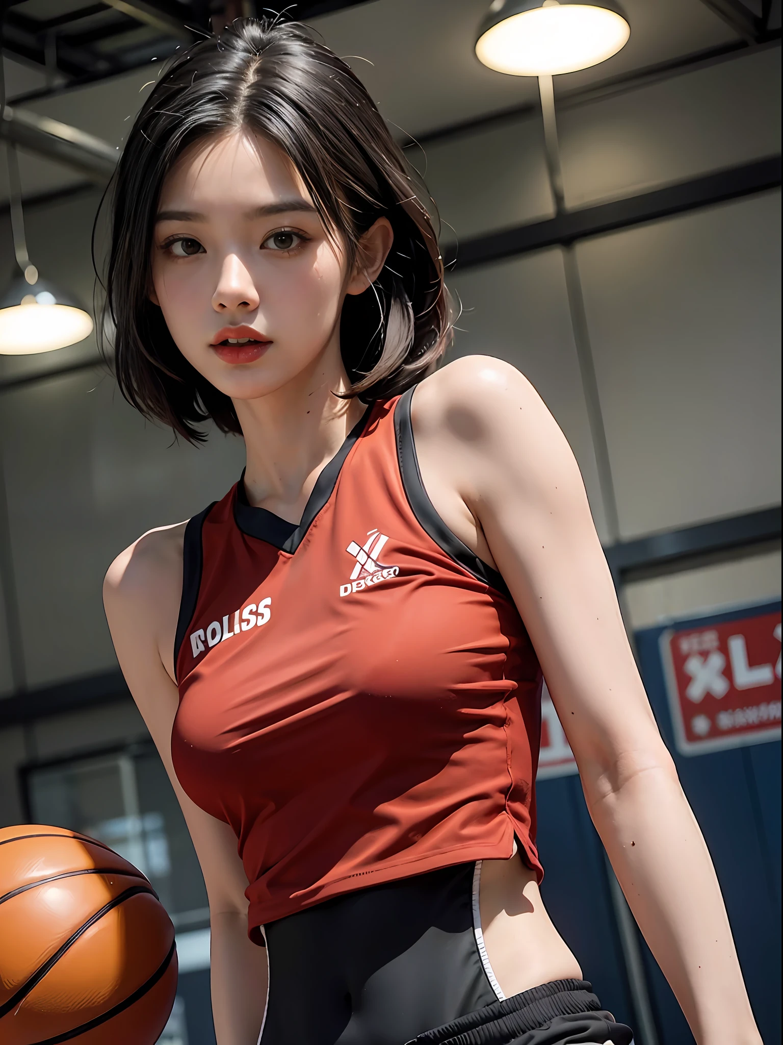 Woman wearing basketball suit, sexy, medium breasts, seductive pose, sweating