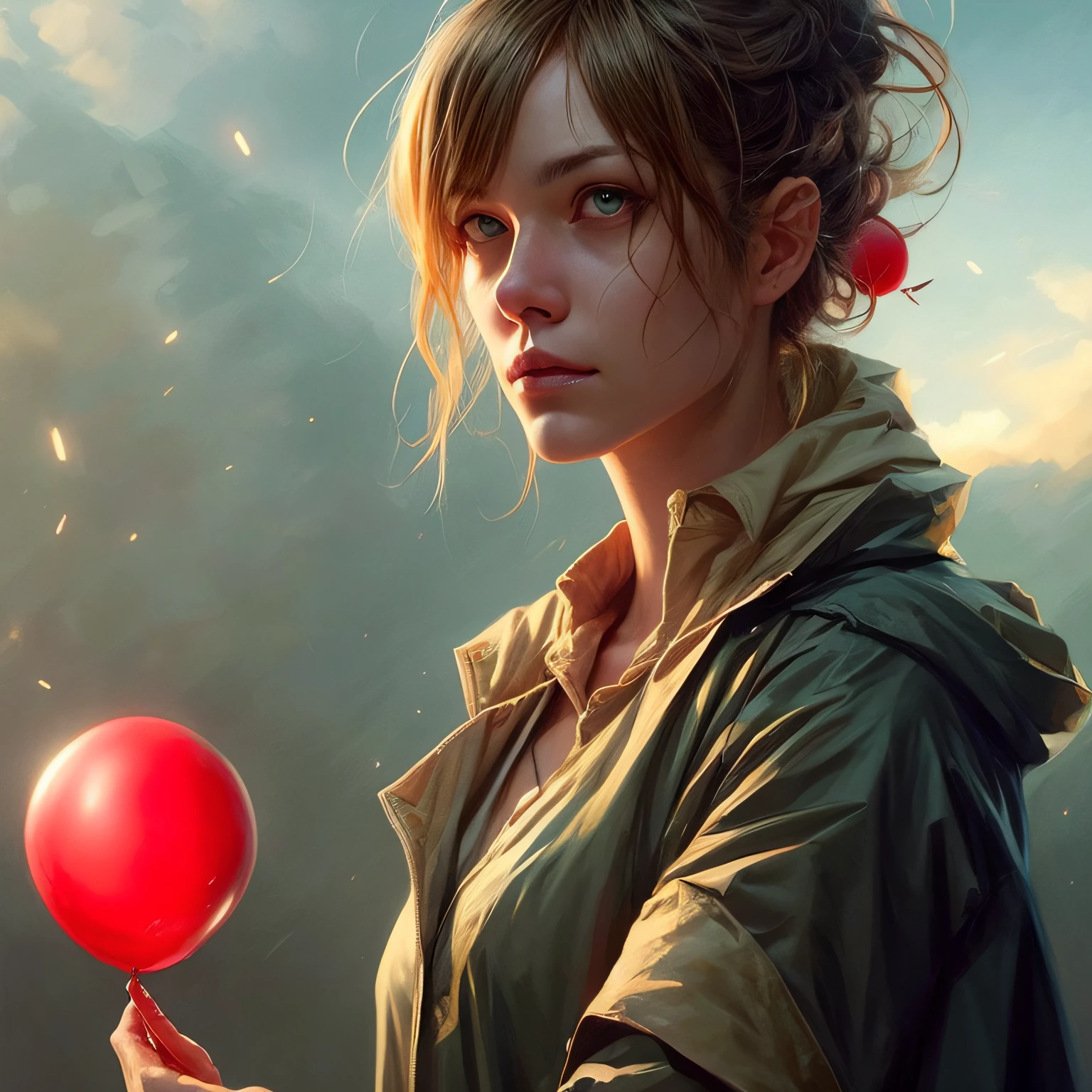 an ugly depressed woman with a red balloon, by ross tran, oil on canvas, masterpiece, trending on artstation, featured on pixiv, cinematic composition, dramatic pose, beautiful lighting, sharp details, hyper-detailed, hd, hdr, 4k, 8k, artgerm, octane render, digital art, concept art, comic