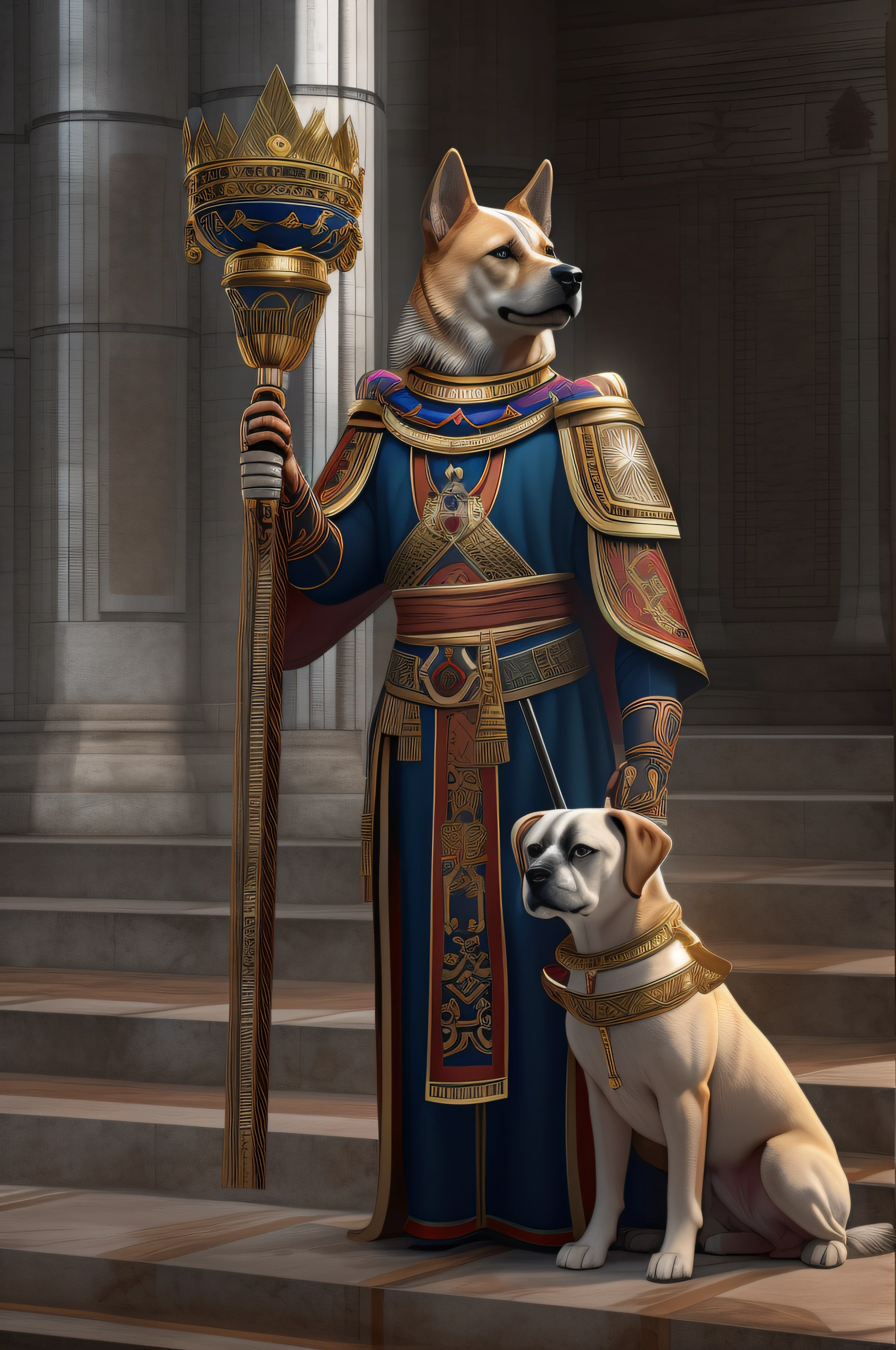 A photo of a dog-man hybrid as powerful emperor, 8K.