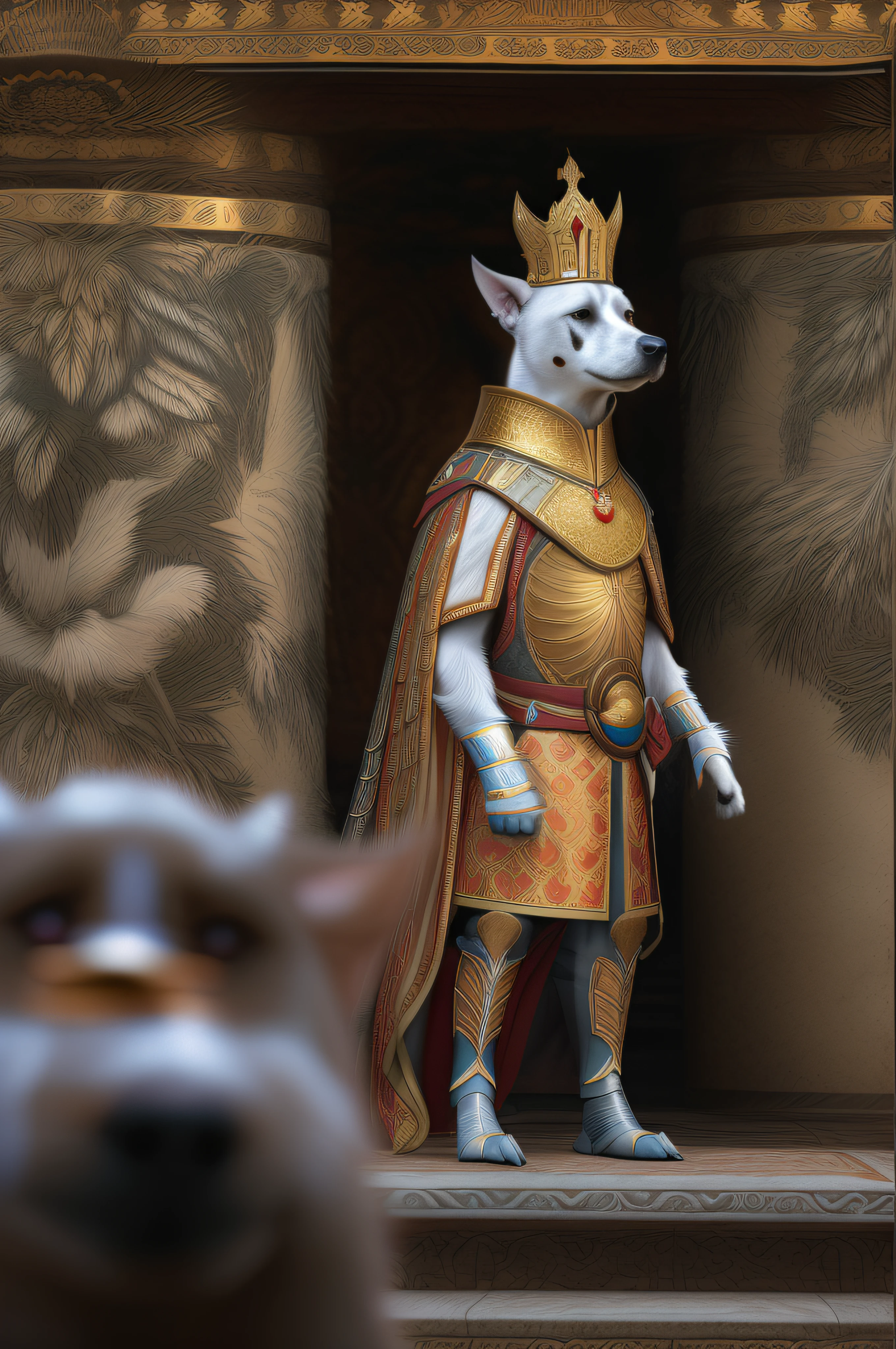 A photo of a dog-man hybrid as powerful emperor, 8K.