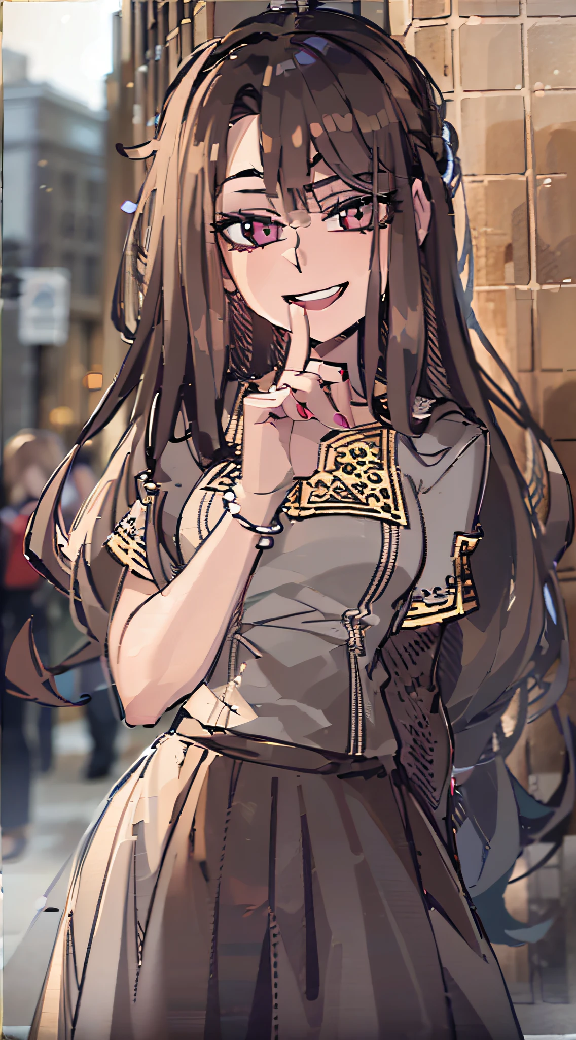((Best quality, 8k, Masterpiece :1.3)), 1girl, smiling, full body, slim face, Pretty woman, (Dark brown hair), full length dress :1.1, Ultra-detailed face, Detailed eyes, Double eyelid, blur background, slim face, city, outside, street,