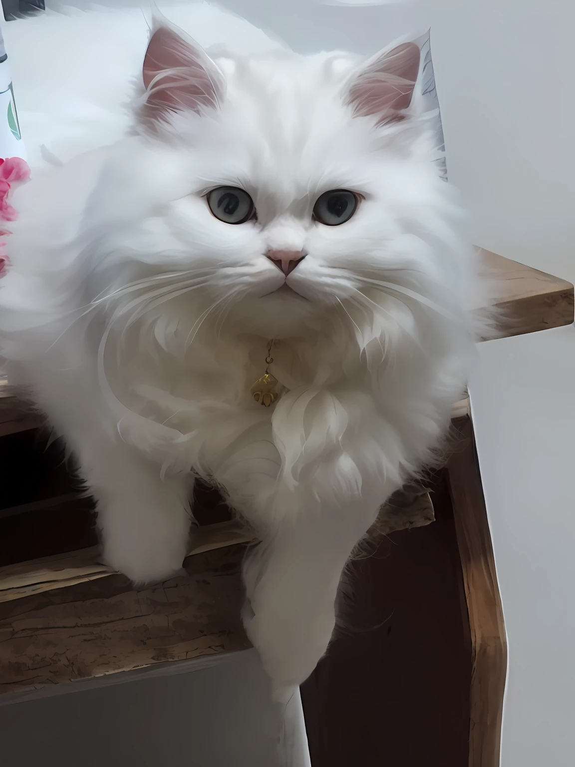 On the wooden table sat a white cat, Short-footed cat, White ( cat ) Girl, cat female with a whit and chest, White cat, White hairs, persian queen, Furry cat, persian princess, beautiful female white, an afghan male type, The cat is fluffy, A cute cat, captured with sony a3 camera, beautiful cat, Cute cat
