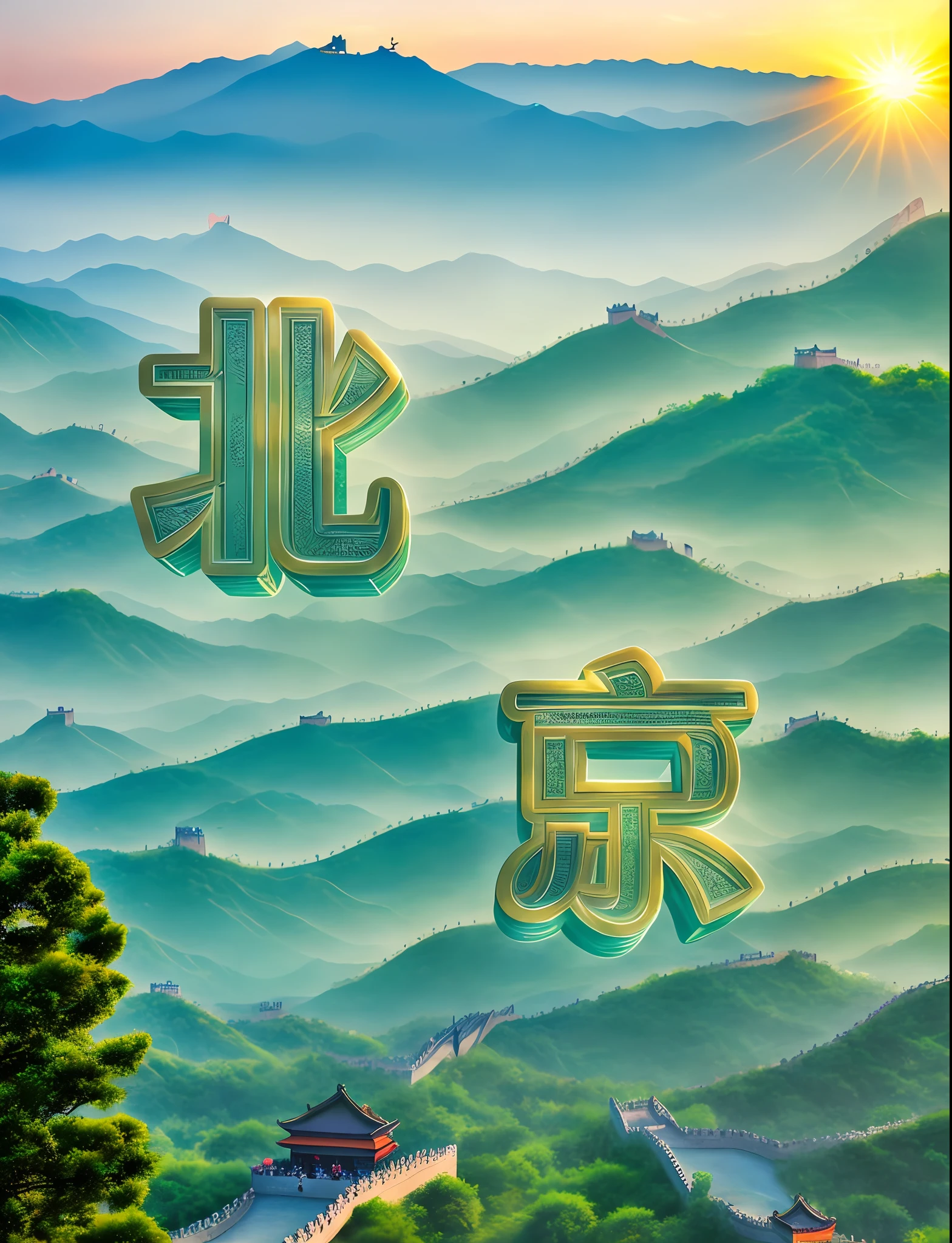 As the sun sets, the Beijing Great Wall emerges amidst a backdrop of lush green trees and willows gracefully swaying in the breeze. Encircled by glistening blue waters, the ancient structure is complemented by charming small bridges and meandering streams, evoking a sense of antiquity. The air carries the delightful fragrance of blossoming flowers, adding to the enchanting ambiance, as warm as precious jade. The melodies of singing birds and blooming flowers create a serene and picturesque water town painting. This breathtaking view appears almost like a leisurely snapshot taken with real photography in astonishing 16K resolution. Additionally, not far away, the iconic Square stands grandly, with its vast expanse and historical significance adding to the allure of Beijing's majestic beauty.